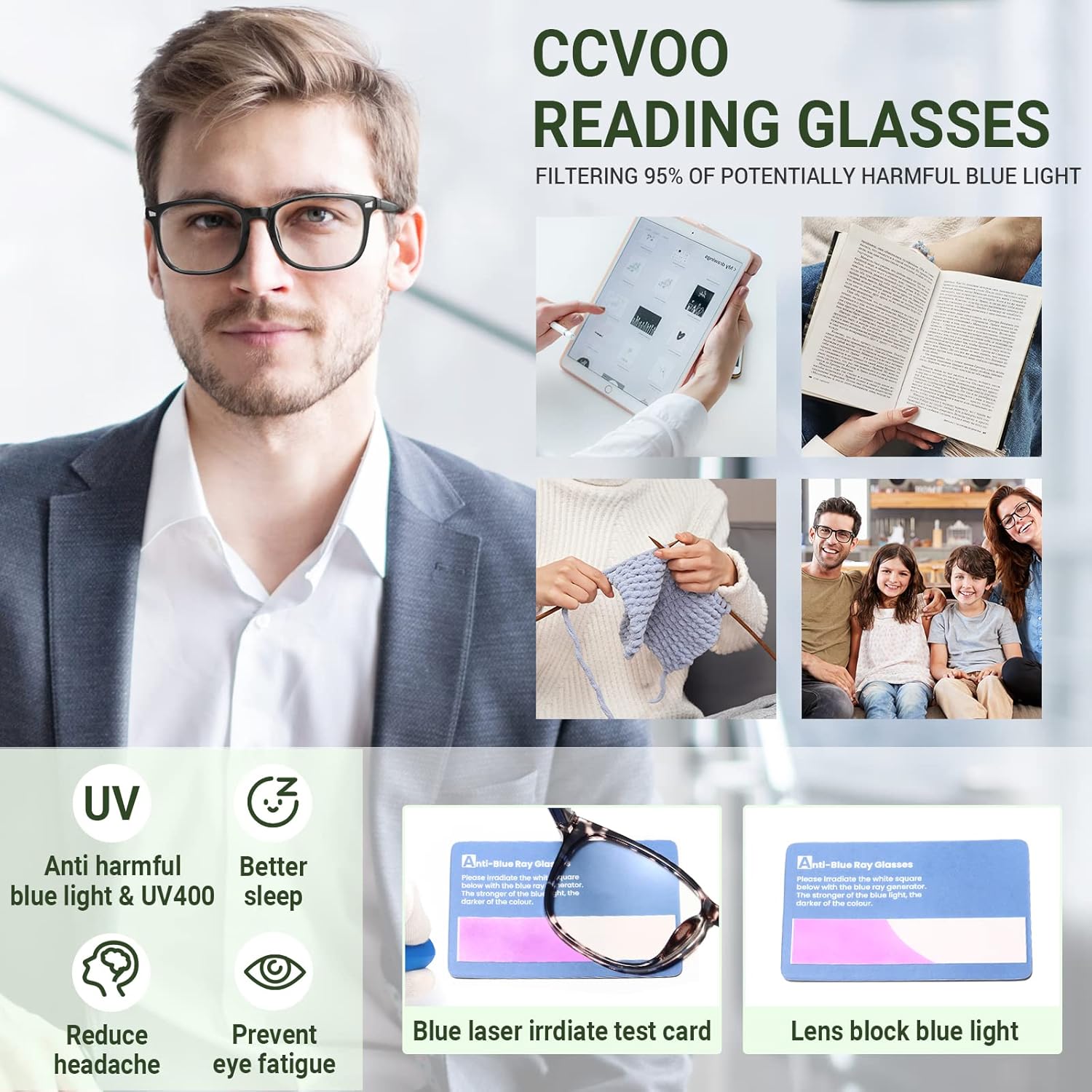 CCVOO Lentes de lectura con bloqueo de luz azul, antidolor de cabeza, deslumbramiento, fatiga ocular, lentes para computadora para mujereshombres