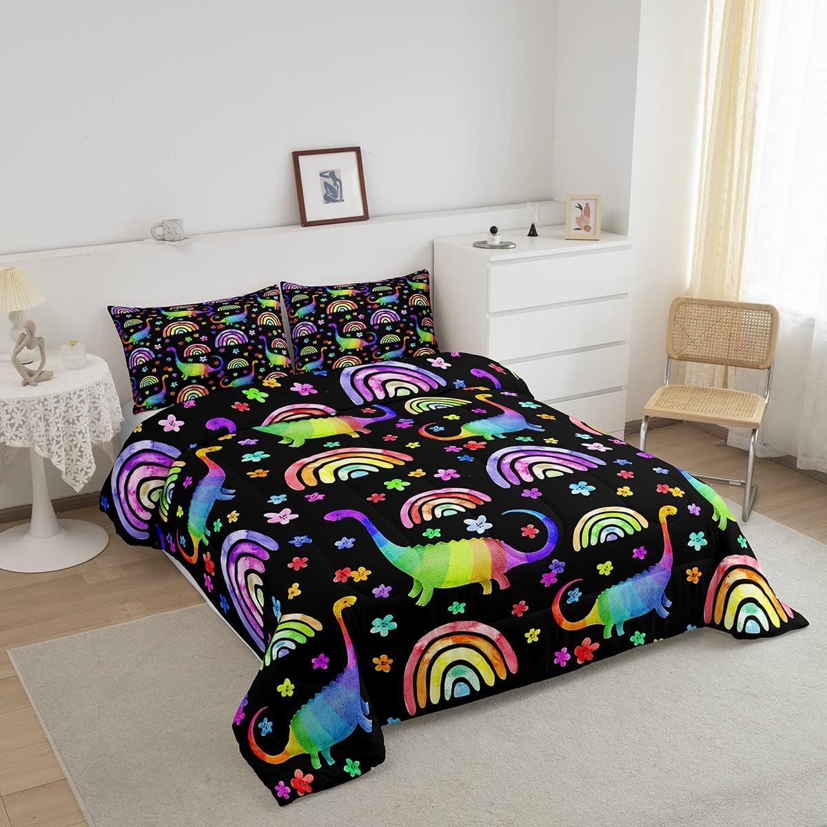 Erosebridal Juego de ropa de cama de dinosaurio para niños, juego de edredón de arcoíris para niñas, juego de edredón de flores coloridas, juegos de