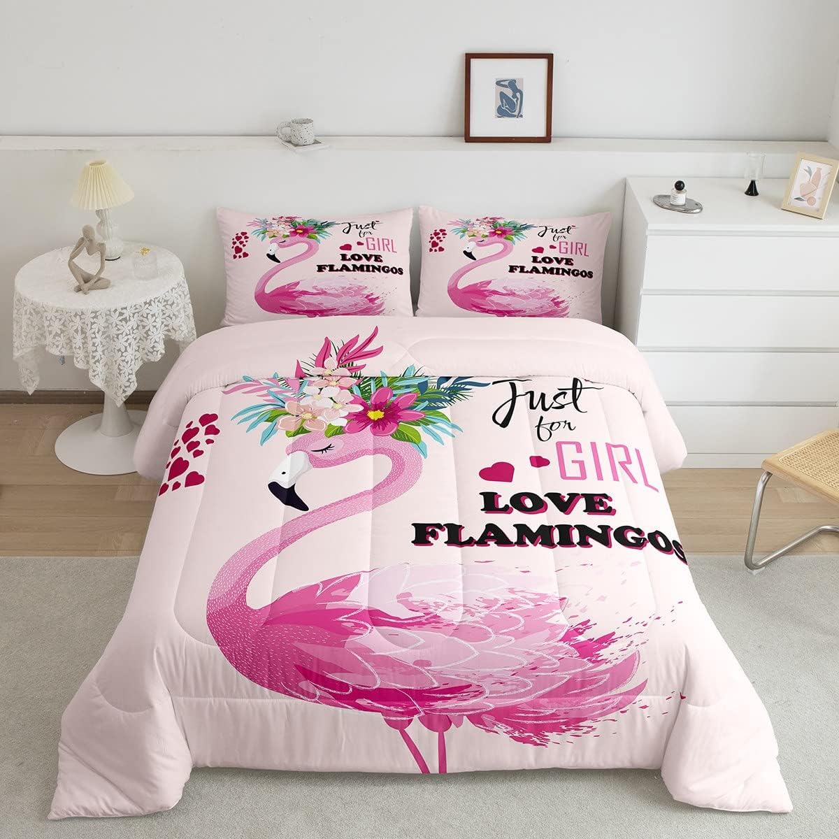 Juego de edredón de flamenco rosa para niñas, ropa de cama de flamenco tropical, juegos de ropa de cama de animales florales hawaianos, edredón de