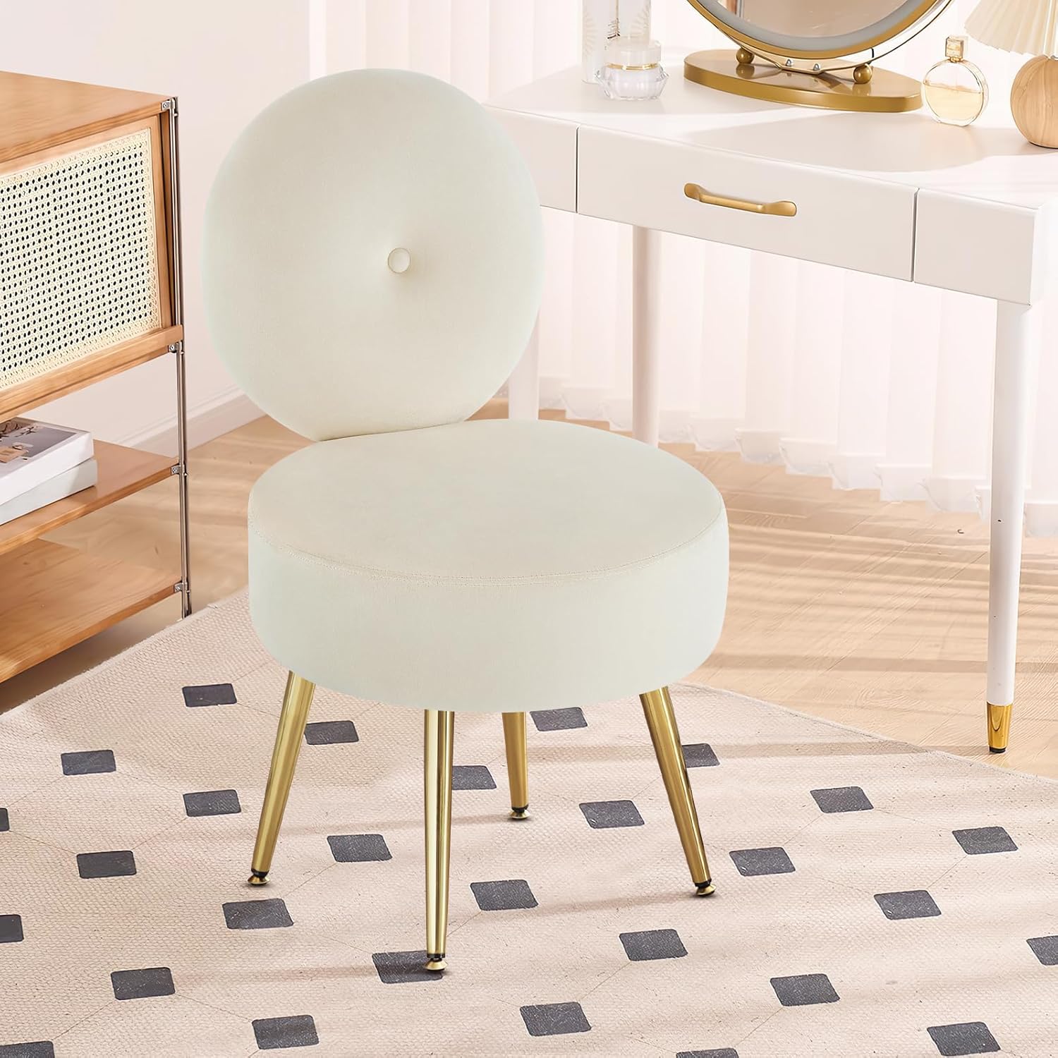 Furniliving Silla de tocador sin brazos para sala de maquillaje, taburete de tocador de terciopelo con respaldo, silla de sala de estar con patas de