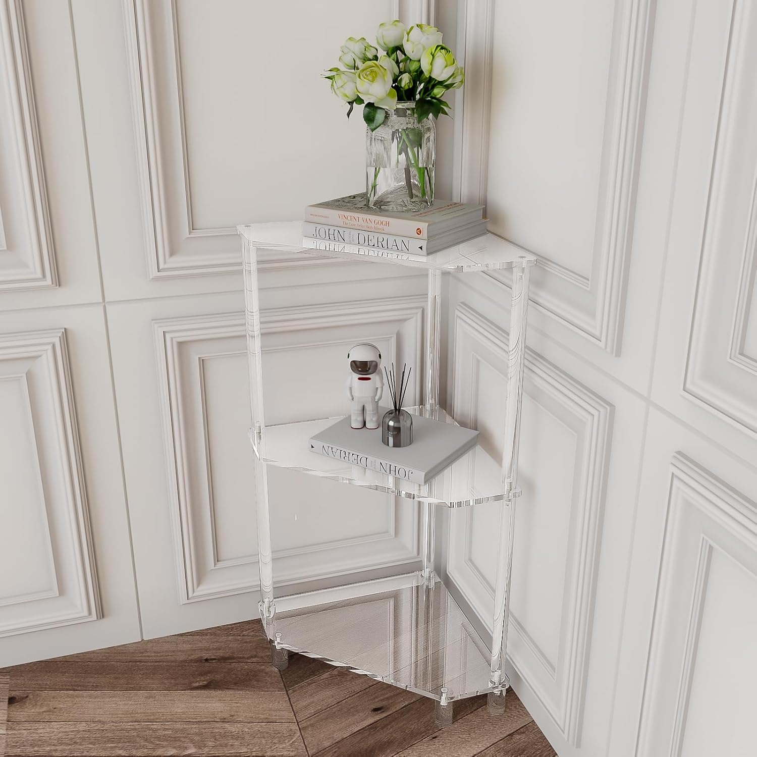Eglaf Mesa auxiliar de esquina de acrílico, mesa auxiliar triangular de 3 niveles, mesa auxiliar pequeña para sala de estar, dormitorio, baño, 11.8