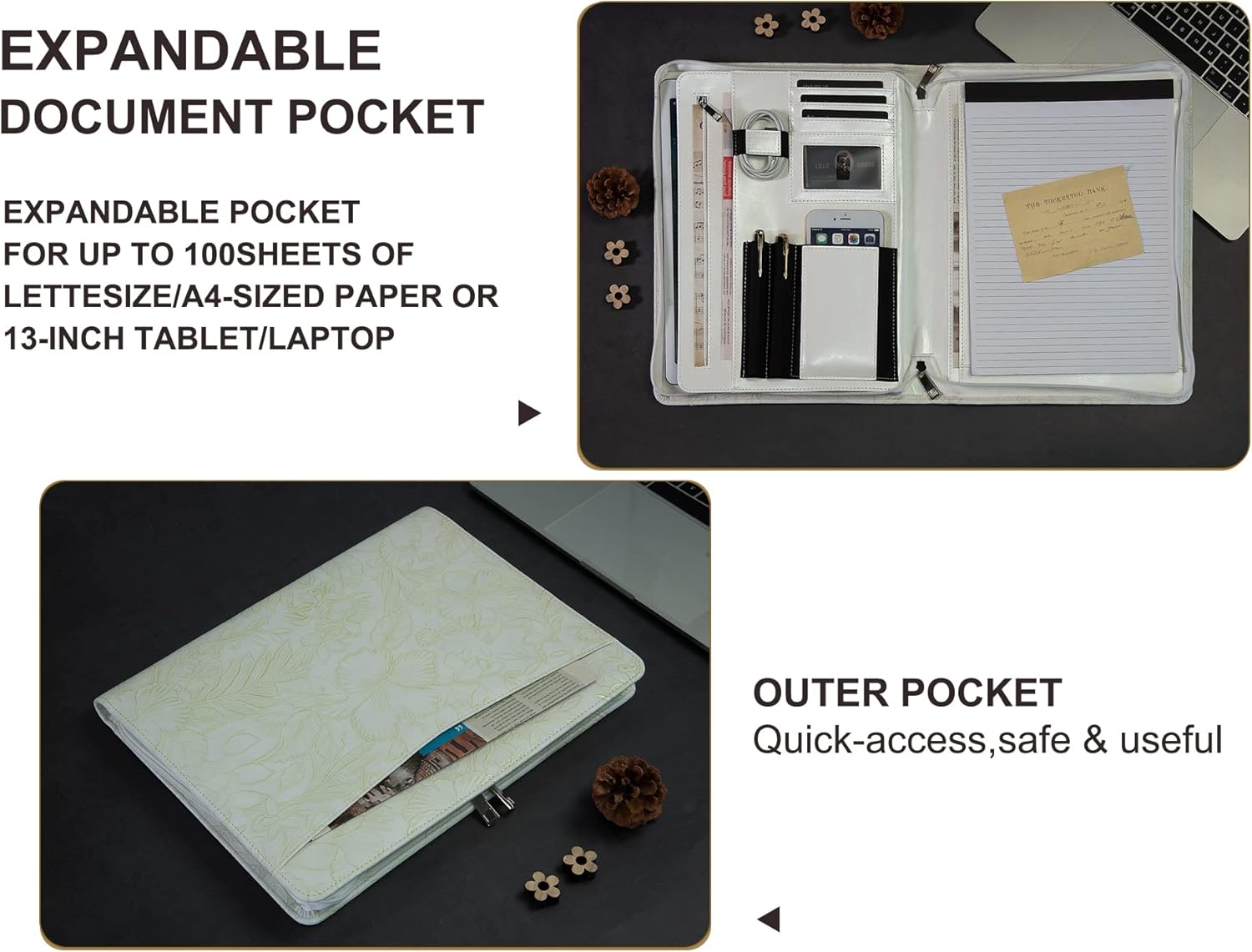 AZXCG Cartera de cuero de impresión, padfolio de piel sintética en relieve con cremallera, cartera de currículum profesional con soporte para bloc