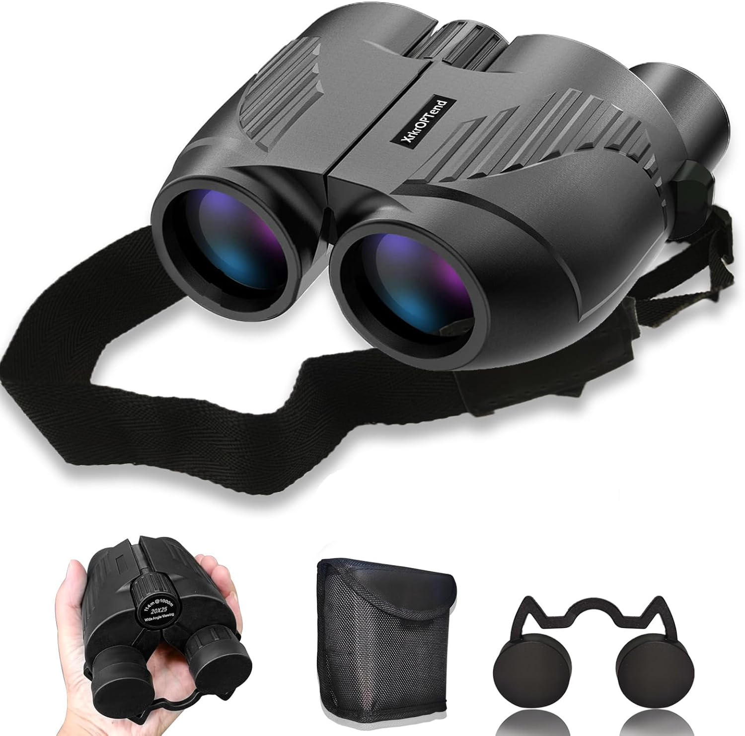Binoculares compactos con correa para niños y adultos, 20 x 25 de alta potencia, mini binocus de visión nocturna transparente con poca luz con