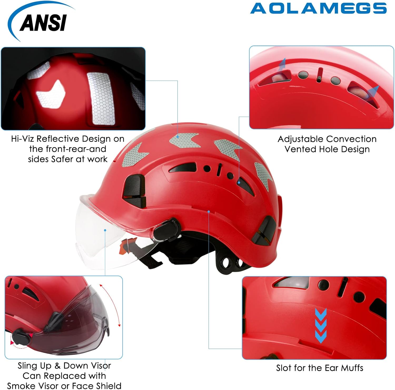 AOLAMEGS Casco de seguridad de construcción  ANSI Z89.1 OSHA aprobado por la OSHA cascos de seguridad con correas para la barbilla, sombreros