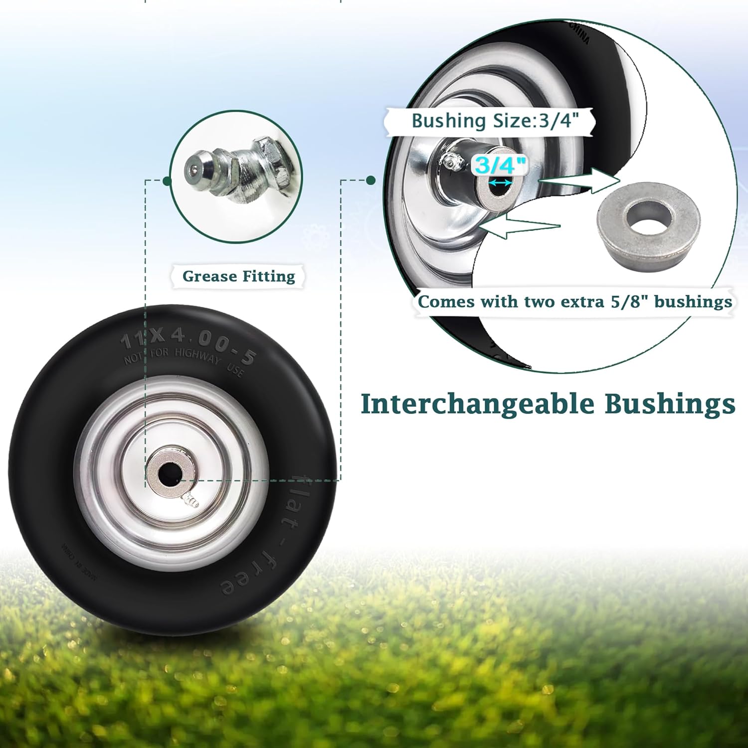 2Pcs Premium 11×4-5 Lawn Mower Tires Flat Free & Zero Turn Mowers, with 34″ & 58″ Grease Bushing and 3.4″-4.8″ Centered Hub, Solution for Commercial
