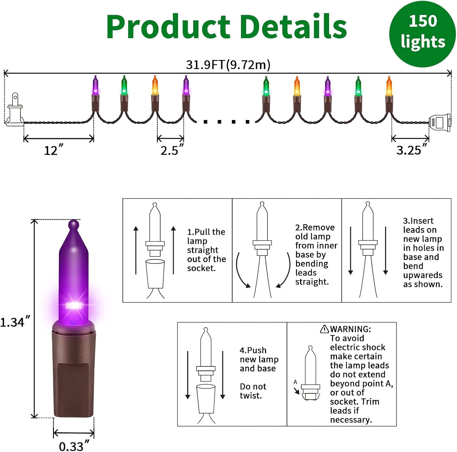 Juego de luces de Halloween superbrillantes extensibles, naranjas, moradas y verdes, 150 luces, 31.9 pies, con certificación UL, juego de mini luces