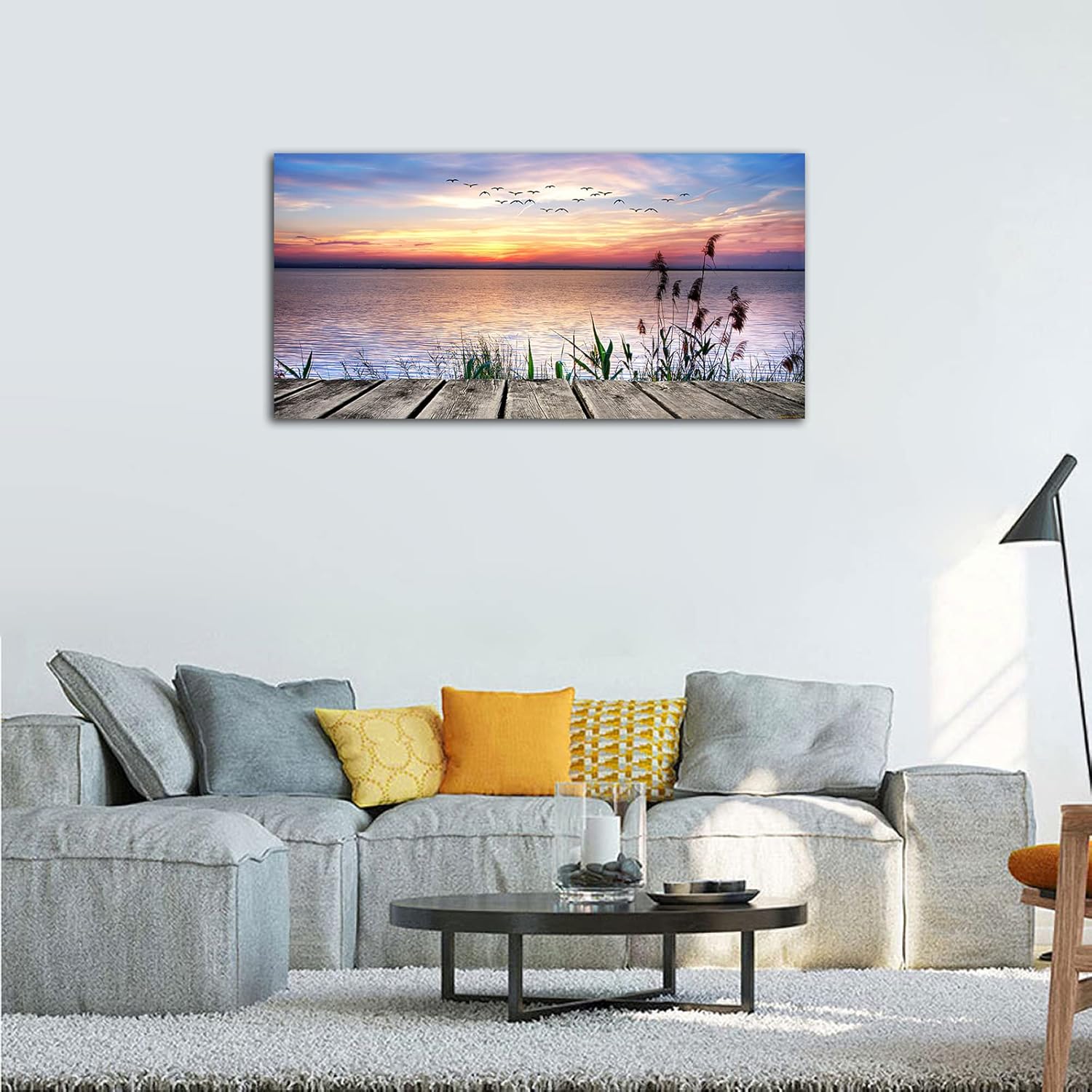 yearainn Lienzo decorativo para pared, lago, muelle, puesta de sol, paisaje con pájaros voladores, obra de arte de lienzo larga, ilustraciones