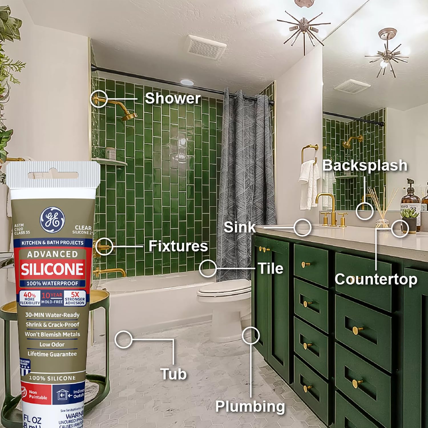 GE Calafateo de silicona avanzado para cocina y baño, sellador de silicona 100% impermeable, adherencia 5 veces más fuerte, a prueba de encogimiento