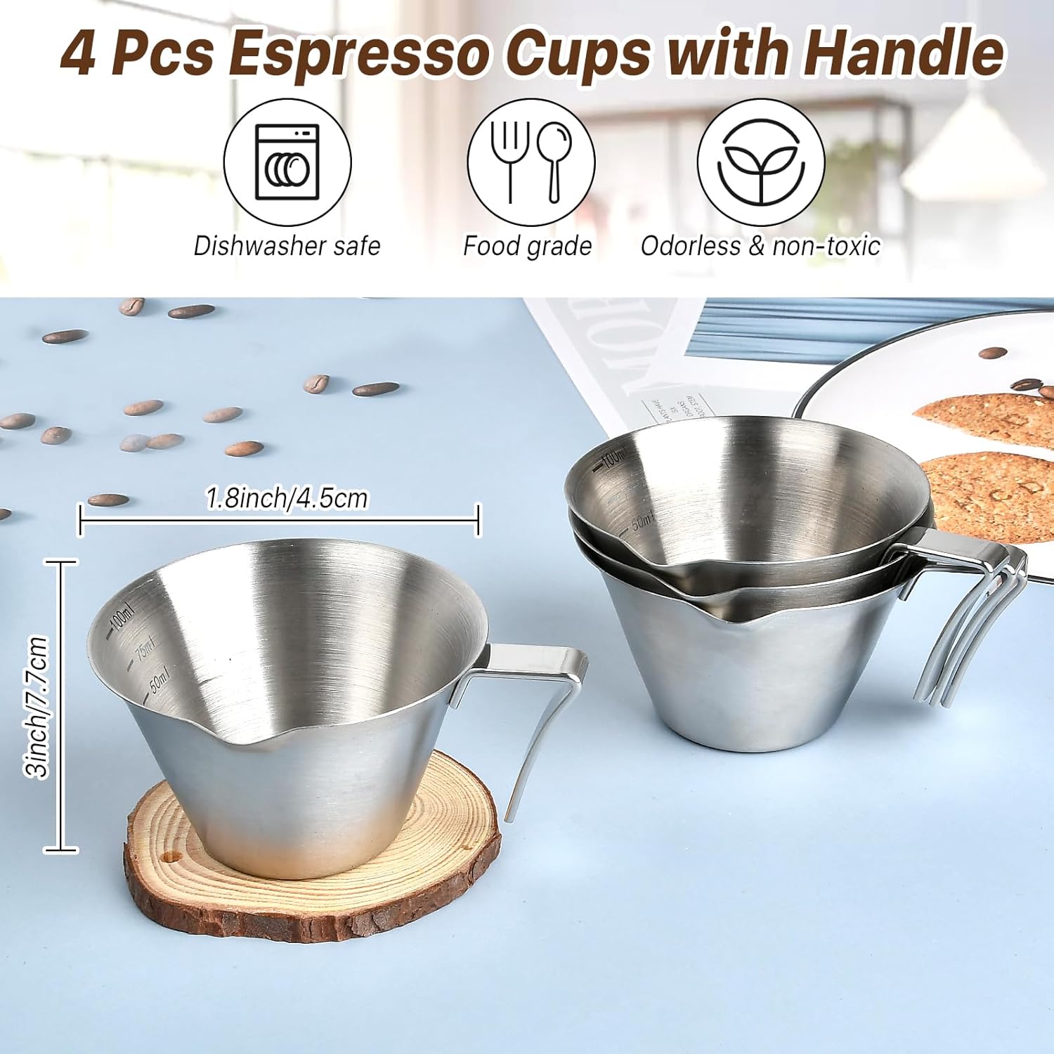 Aemygo Paquete de 4 tazas de café expreso con asa, tazas medidoras de café expreso, aptas para lavavajillas, taza de vertido de acero inoxidable