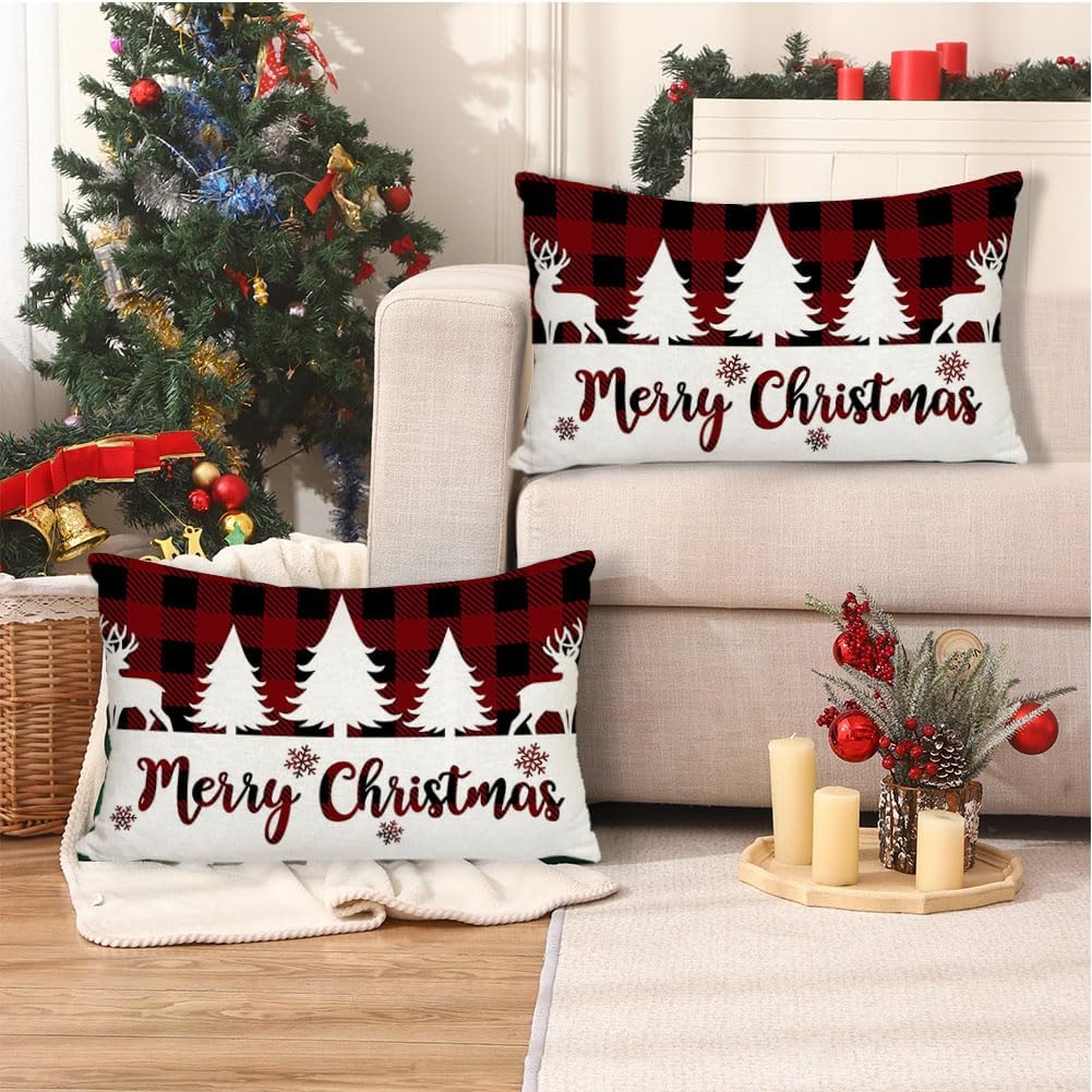RABUSOFA Fundas de almohada decorativas para decoración de árbol de Navidad a cuadros, fundas de almohada de Feliz Navidad de 12 x 20 pulgadas,