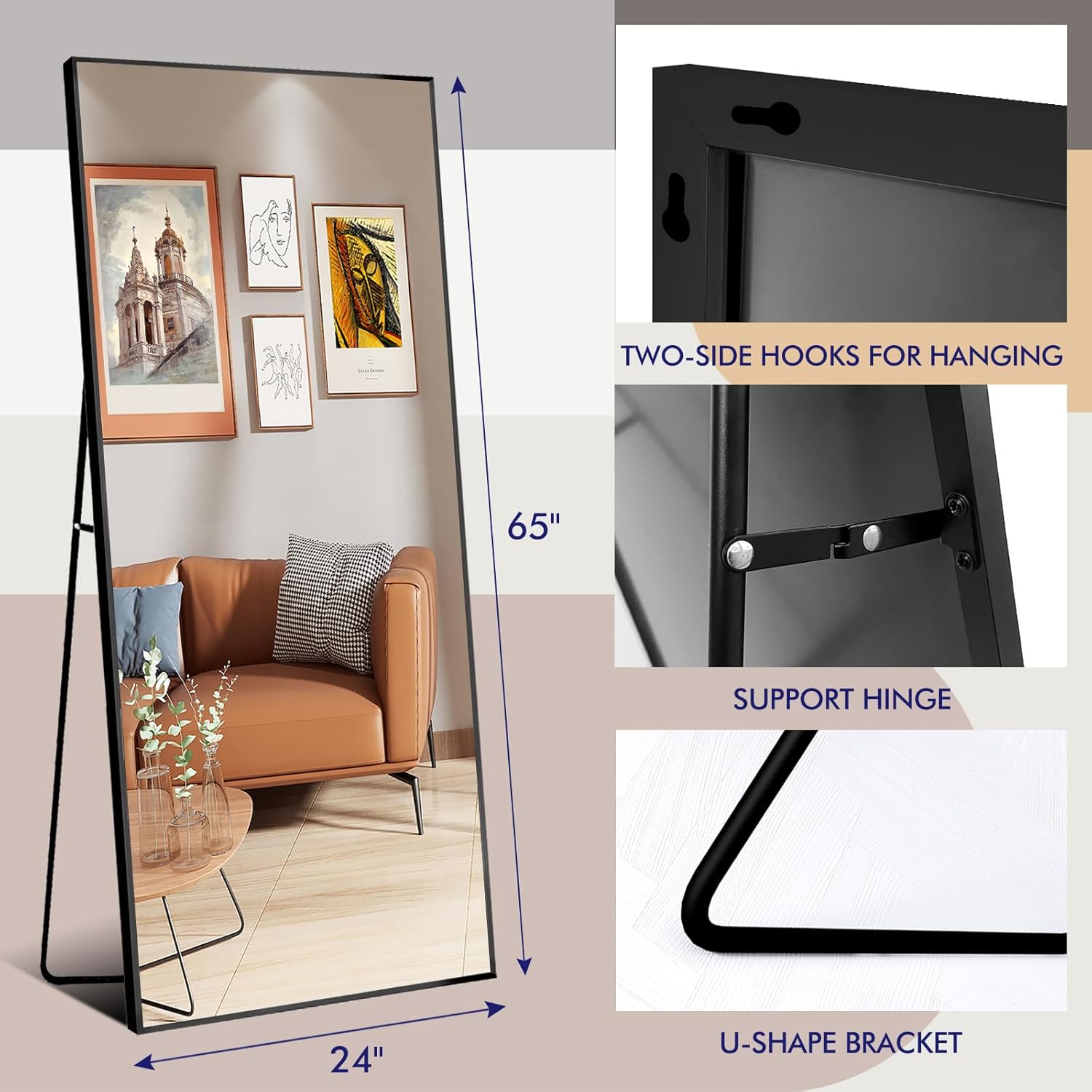 Espejo de longitud completa con soporte, espejo de 65 x 24 pulgadas, espejo de cuerpo negro con marco de aluminio, espejo de pie rectangular, espejo