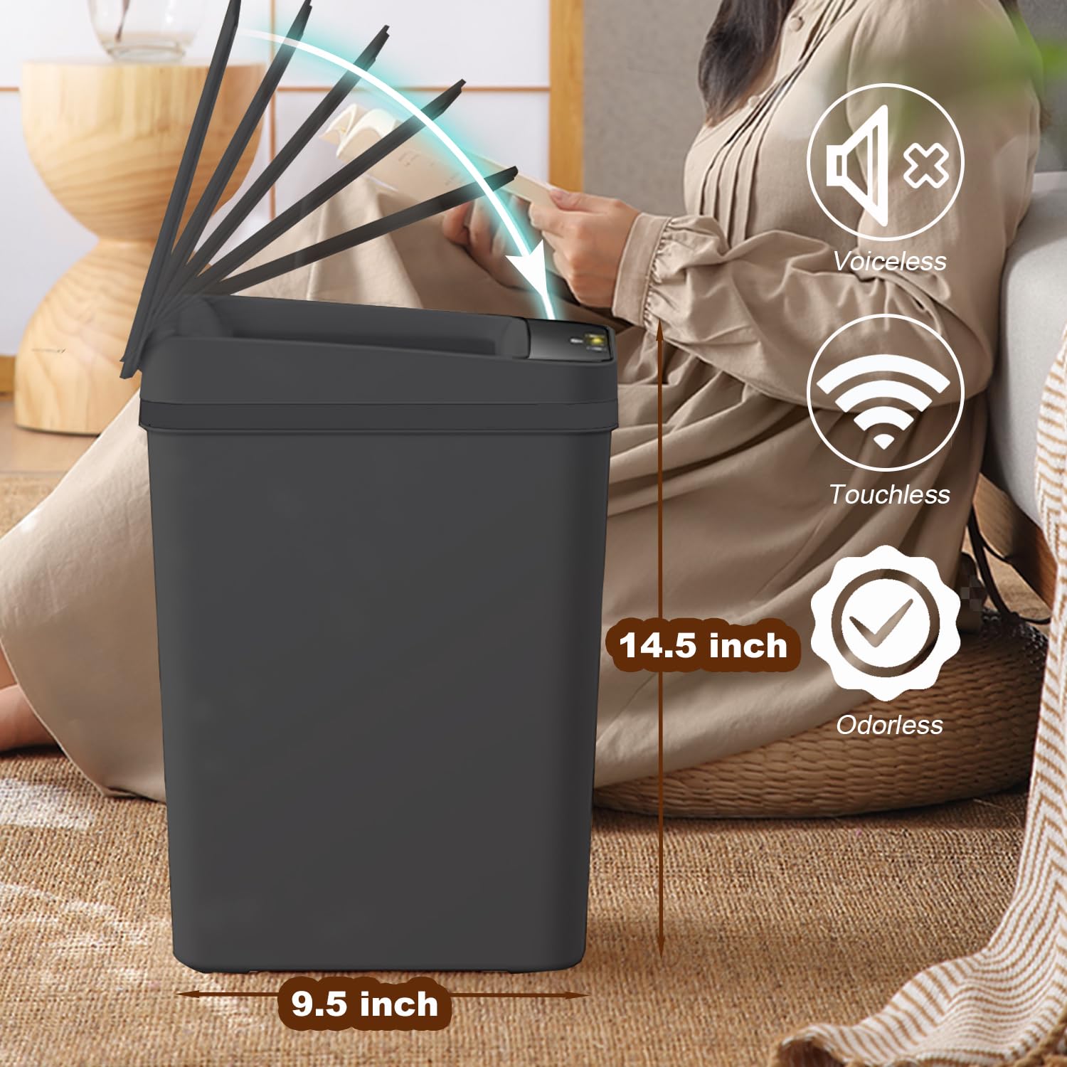 Yatmung Cubo de basura automático de 4 galones sin contacto  Sensor de movimiento inteligente de 15.5 litros  Estrecho, plástico  Cubo de basura