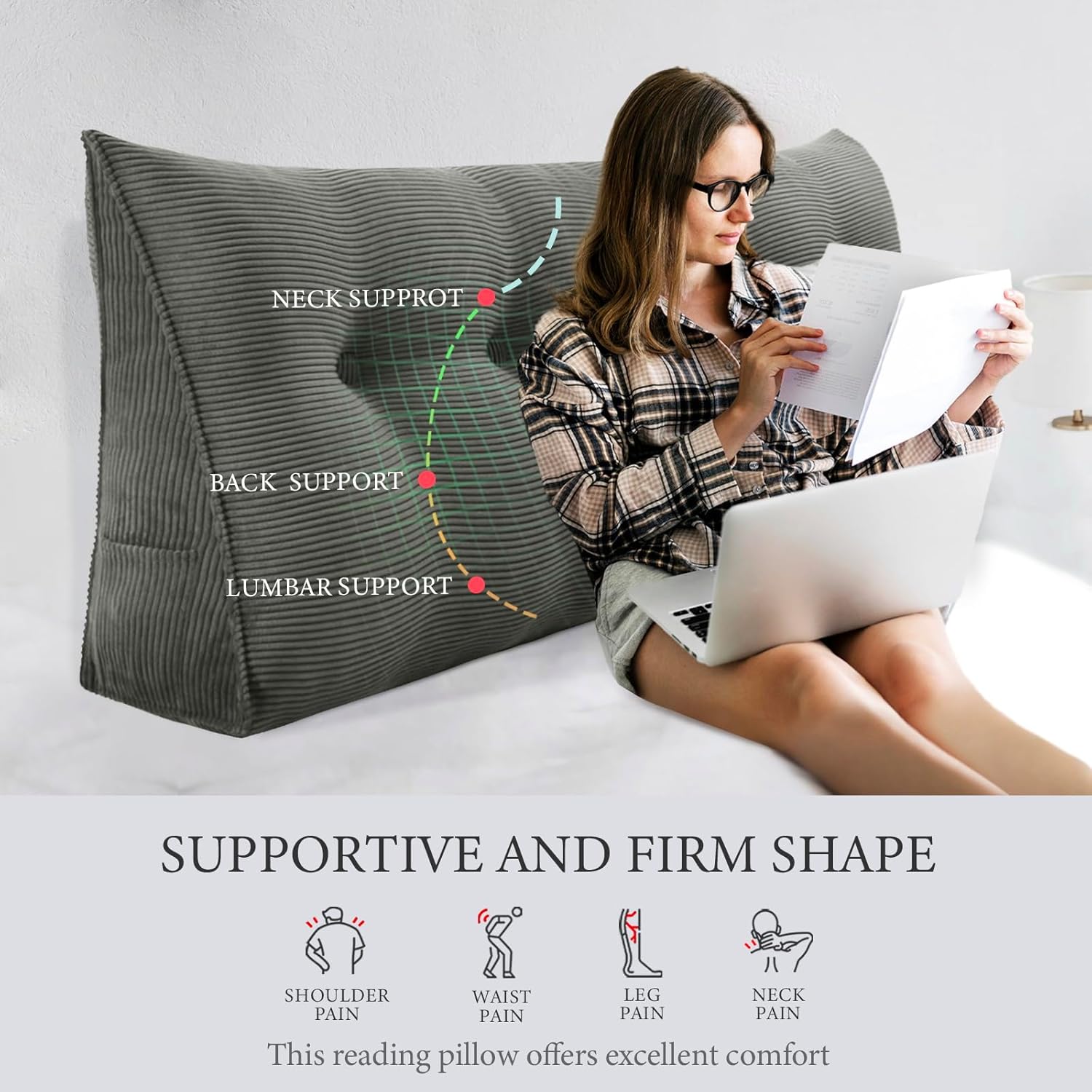 Rucener Almohada de cabecera de cuña, posicionador de cuerpo, almohada de lectura triangular, almohada para sentarse en la cama con funda extraíble,
