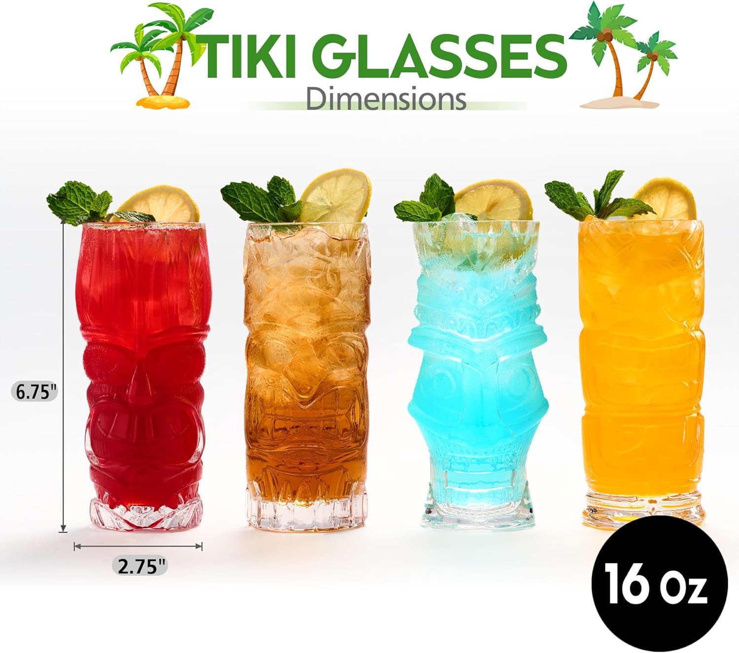 Tiki – Juego de 4 vasos Tiki transparentes de 16 onzas para cóctel, tazas Tiki tropicales modernas, cristalería, ideal para fiestas de tiki bar,