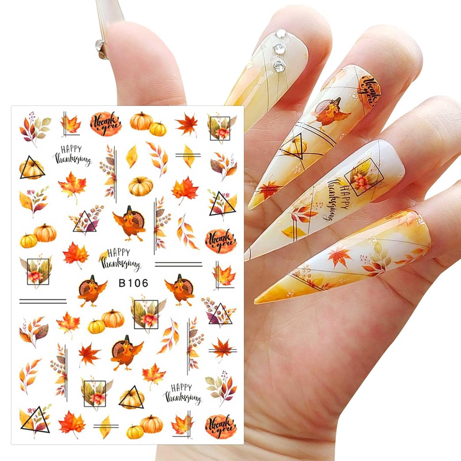 JMEOWIO 12 hojas de calcomanías de arte de uñas de otoño y otoño, pegatinas autoadhesivas para uñas, calabaza, hoja de arce, Acción de Gracias,