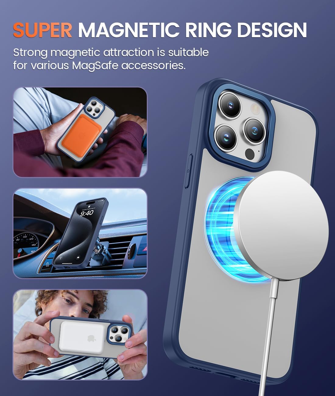Caka Funda para iPhone 15 Pro Max con soporte, soporte magnético de anillo de 360, grado militar, a prueba de golpes, translúcido, funda trasera