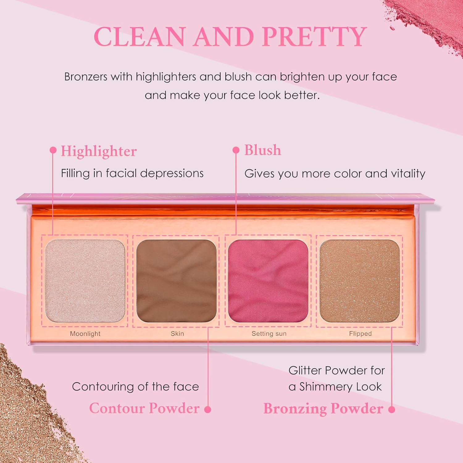 Kit de maquillaje de sombra de ojos para principiantes, adolescentes, juego de maquillaje en polvo incluido resaltador, rubor, polvo bronceador,