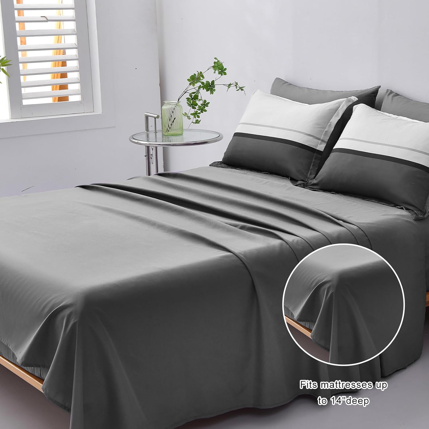 Mybedsoul Juego de edredón tamaño Queen de 7 piezas, juego de edredón a rayas grises y negras, juego de edredón alternativo de microfibra suave para