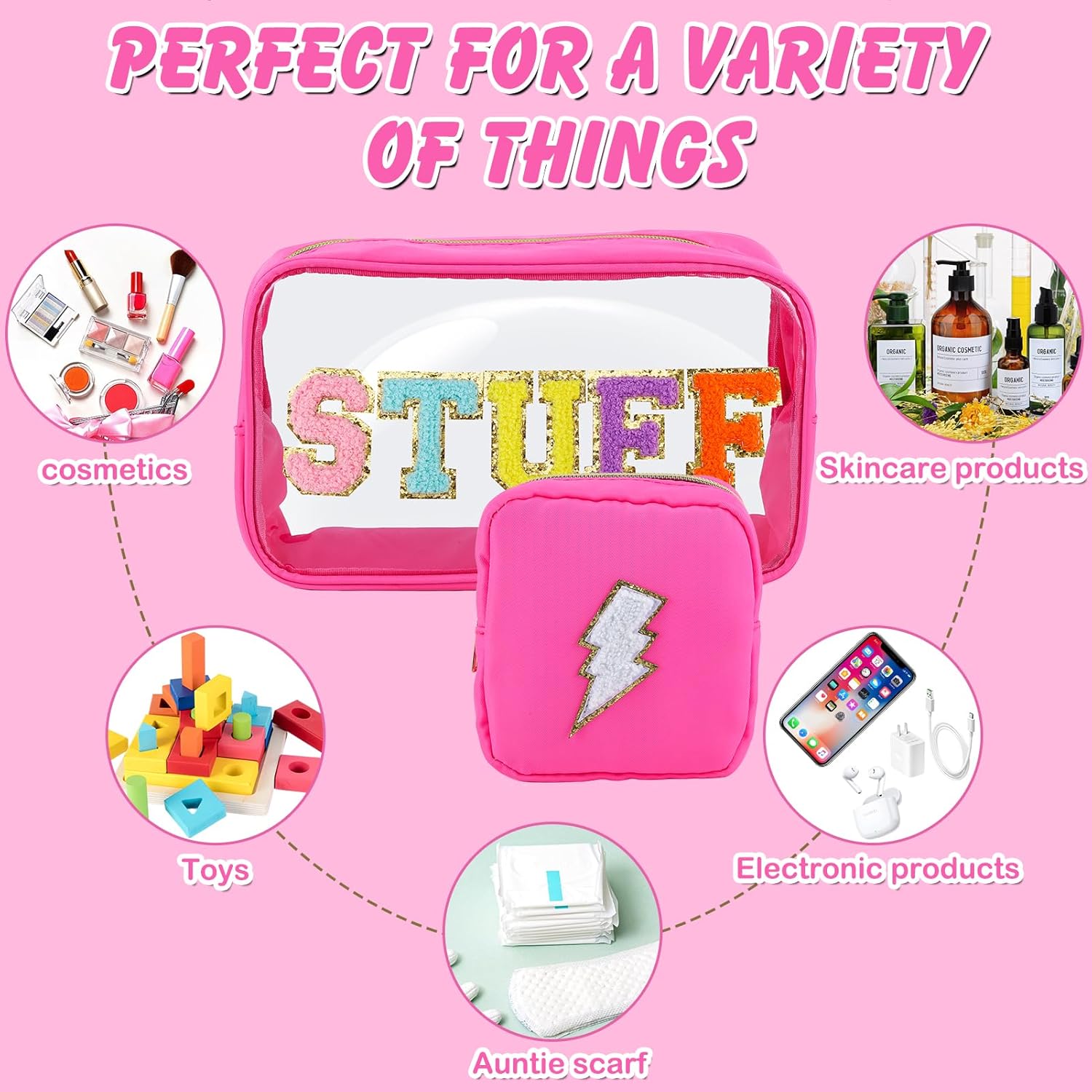 Juego de 2 bolsas de maquillaje transparentes y preppy, grandes, pequeñas, de viaje, con letras de chenilla, bolsa de cosméticos de nailon y PVC,