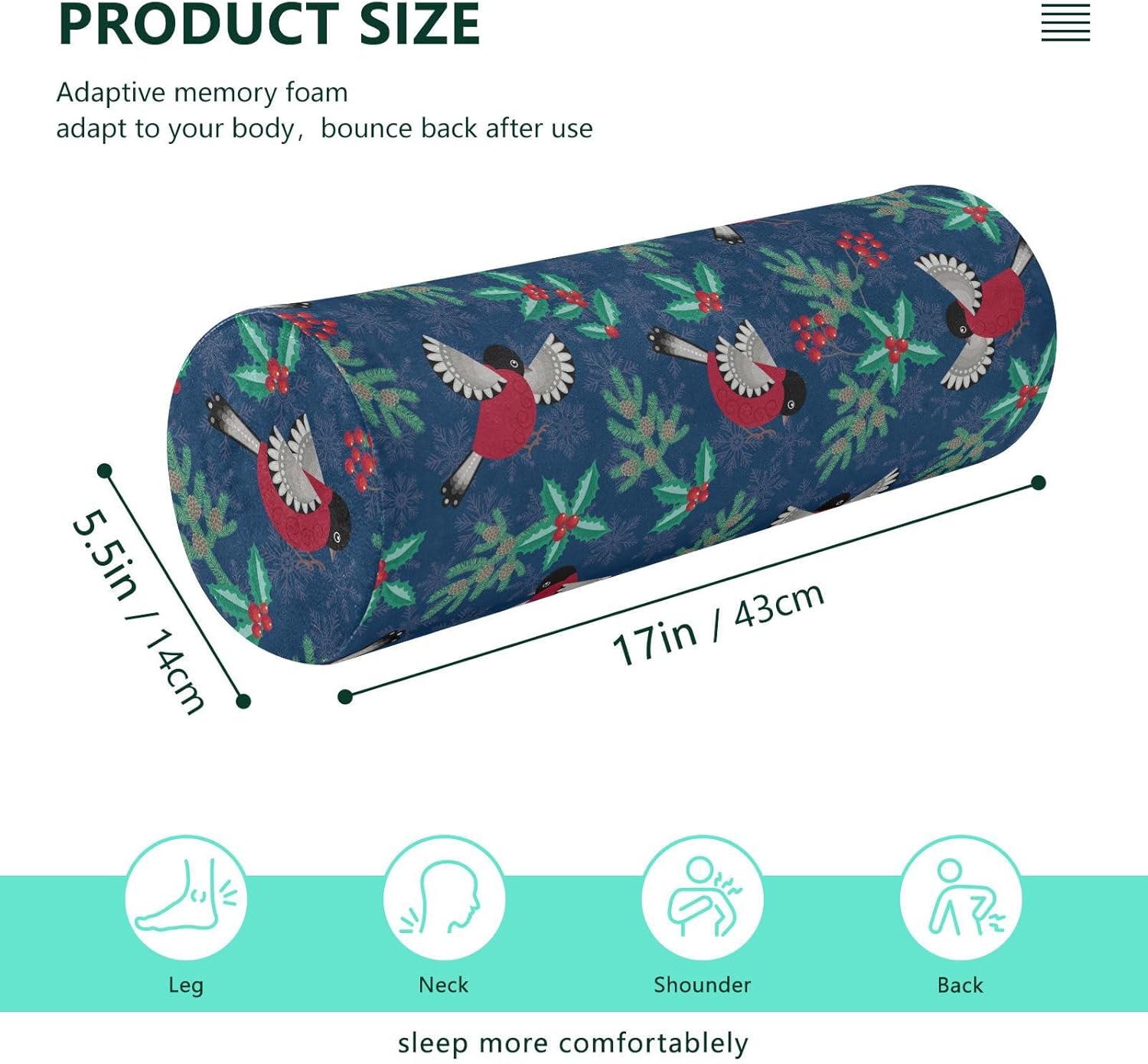 KLL Winter Birds Pattern Bolster Pillow Yoga Neck Roll Pillow Decorative Round Pillow Insert 17 Inch Memory Foam Cylinder Pillow Pillow with Neck