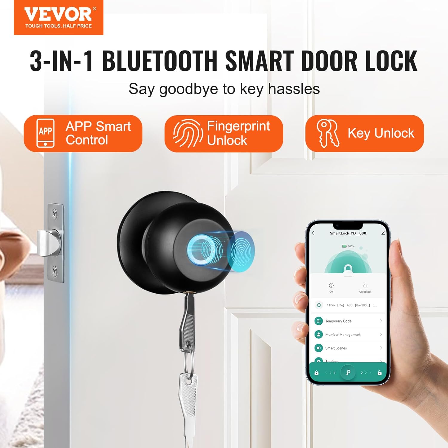 VEVOR Pomo de puerta inteligente, cerradura inteligente de huellas dactilares con control de aplicación, cerradura biométrica de puerta Bluetooth,