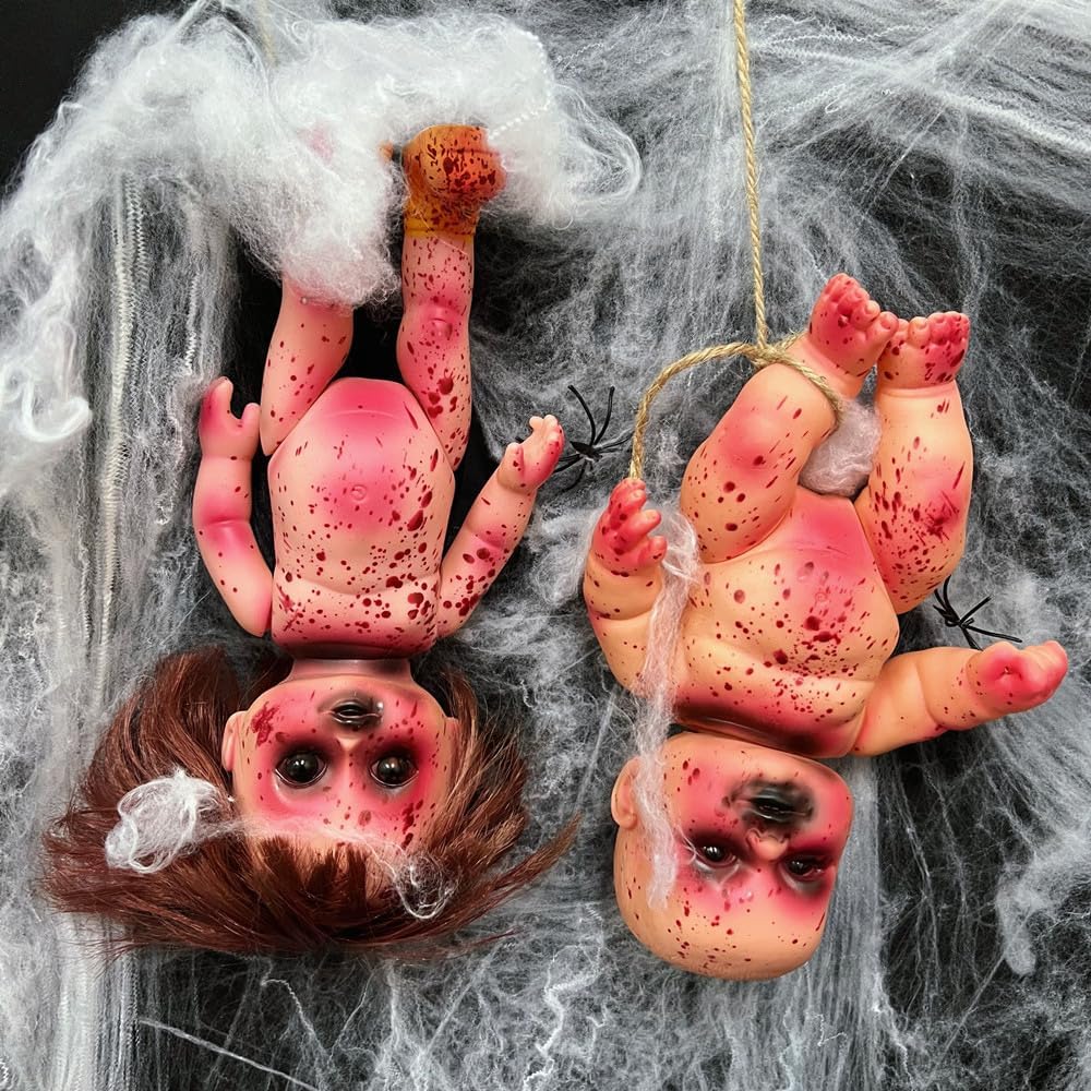 Muñecas espeluznantes de Halloween, muñeca embrujada sangrienta de 10 pulgadas, muñecas zombi colgantes aterradoras con cuerda, decoración de terror