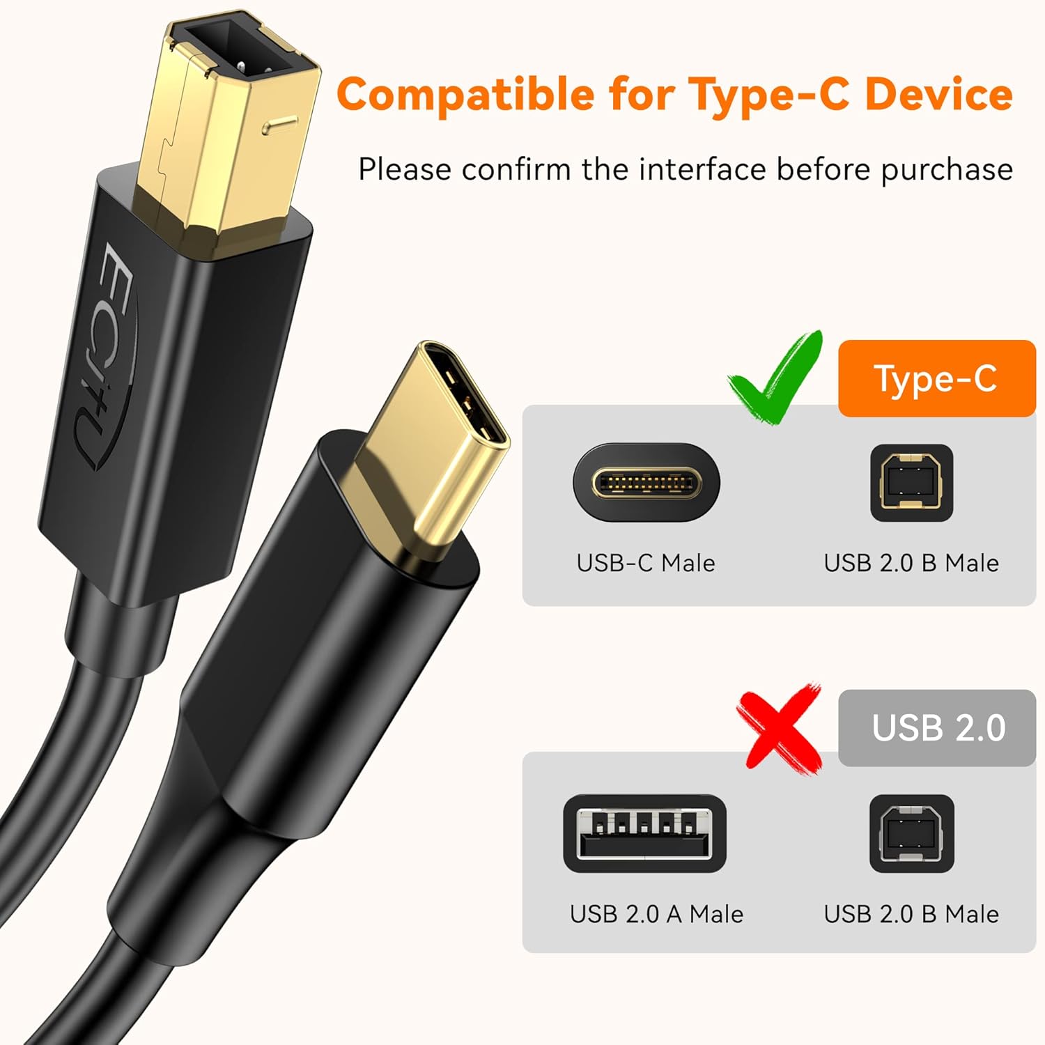 Cable de impresora USB C de 30 pies (paquete de 1), cable de impresora tipo C, USB 2.0 B macho a macho C, cable de repuesto para teclados,