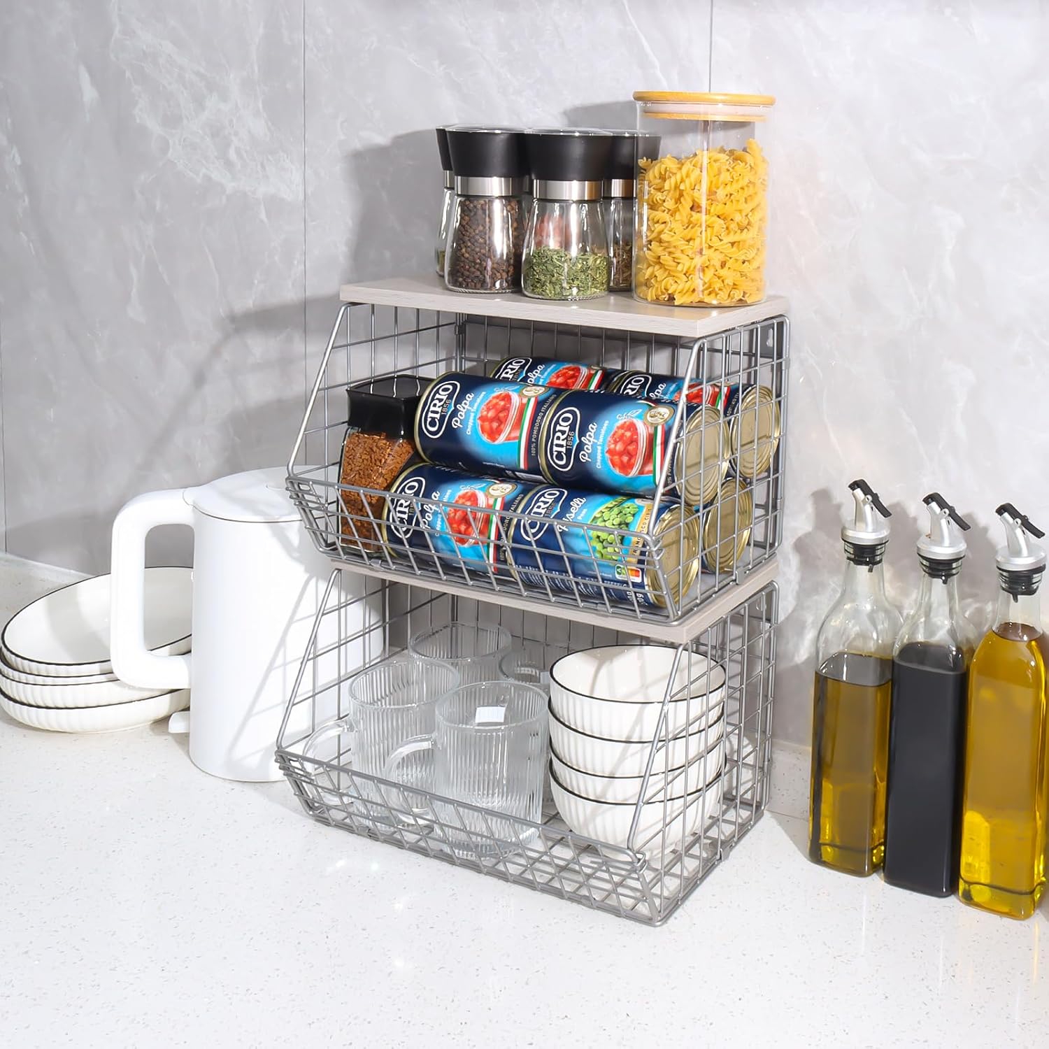 2 cestas de frutas plateadas, apilables montadas en la pared y cesta de almacenamiento con tapa de madera, cesta de alambre colgante de cocina para