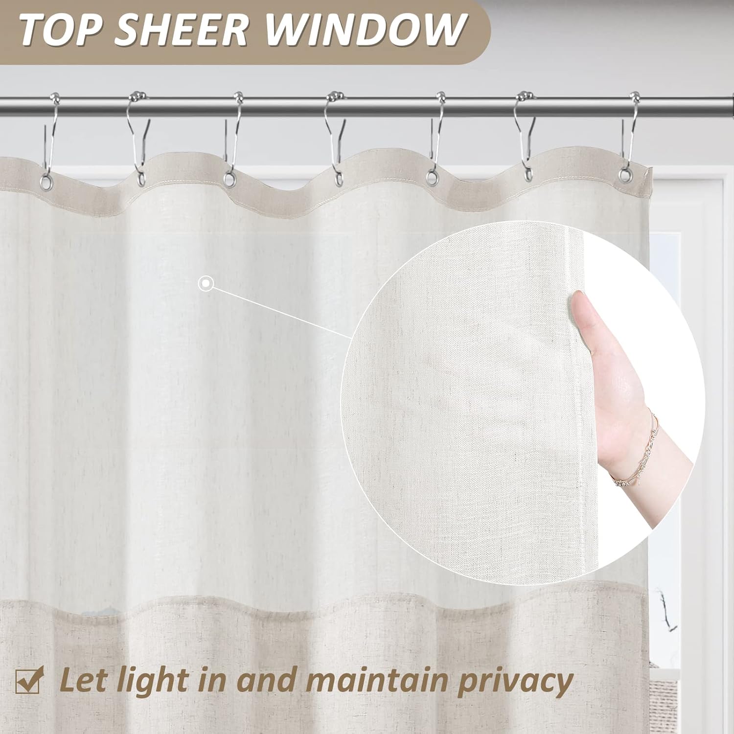 BOODII Juego de cortina de ducha de lino beige con forro a presión, cortina de ducha doble rústica con ventana superior transparente, decoración de