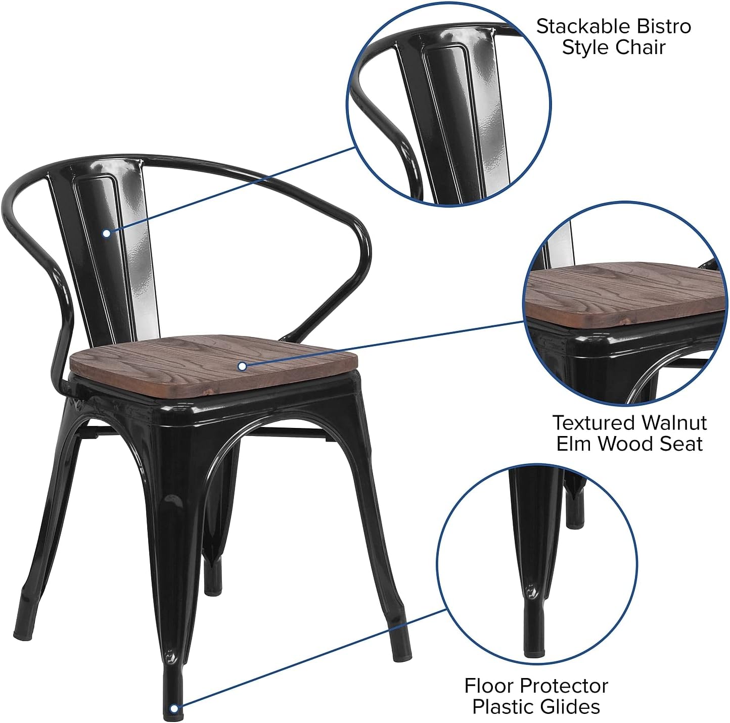 Flash Furniture Silla de metal negro con asiento y brazos de madera