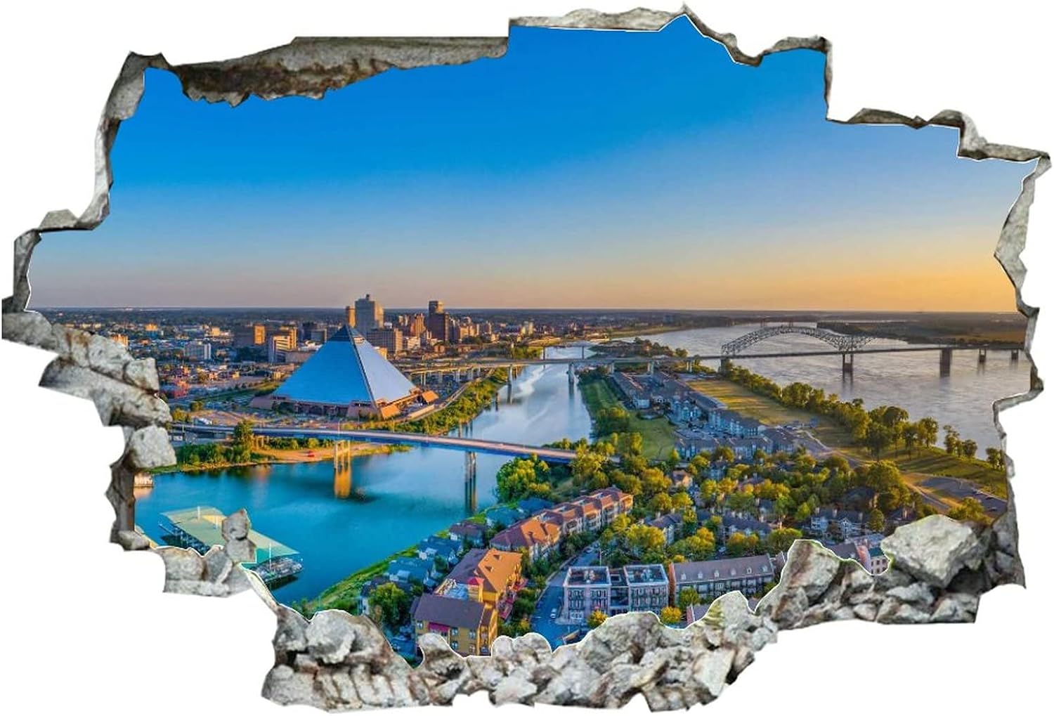 Calcomanías de pared rotas 3D Memphis Tennessee TN Downtown Drone Skyline de 36 x 24 pulgadas, vinilo de pared extraíble, despegar y pegar,