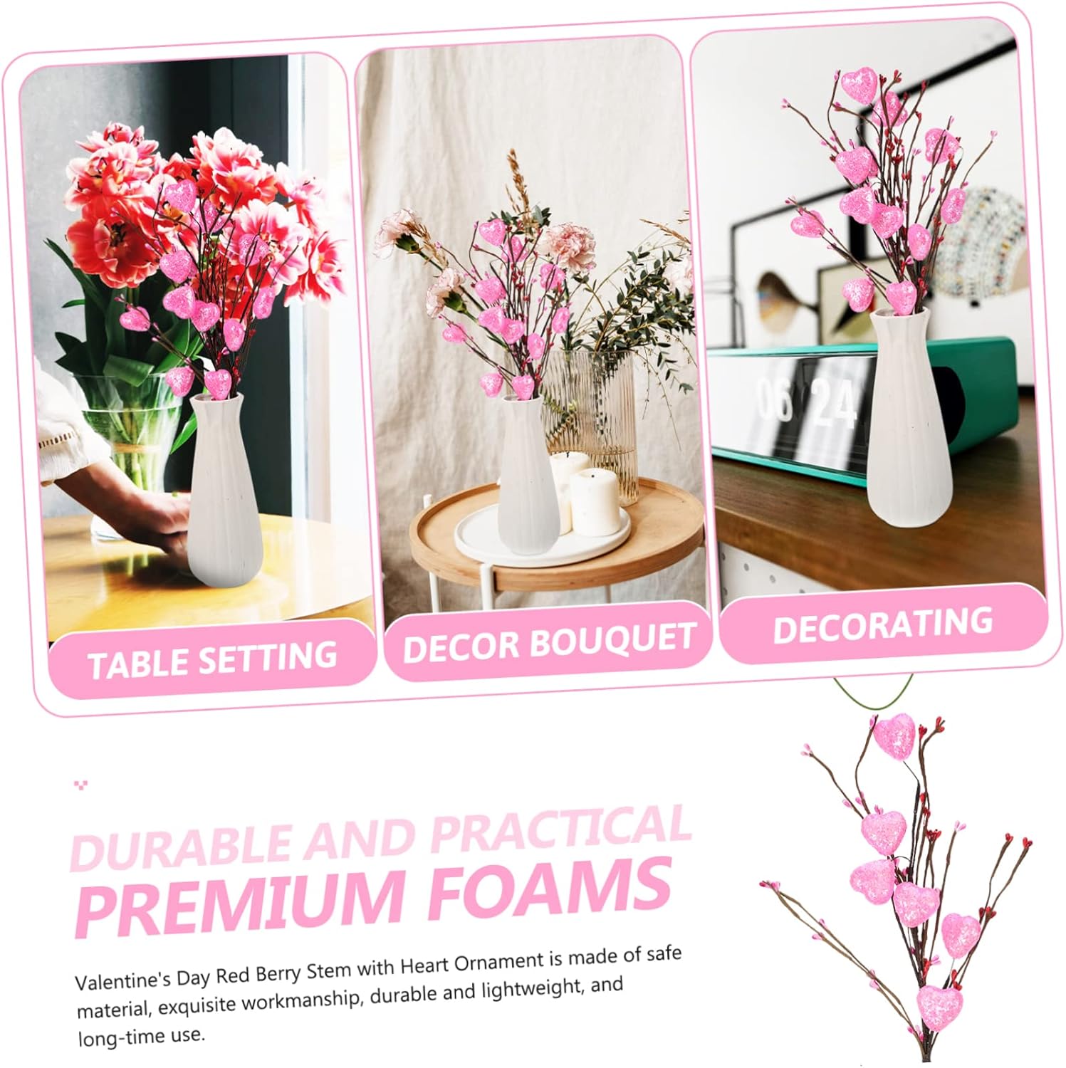 BESTOYARD 2 piezas de adornos de amor para decoración de corazón artificiales para San Valentín, selecciones florales de bayas falsas, tallos de