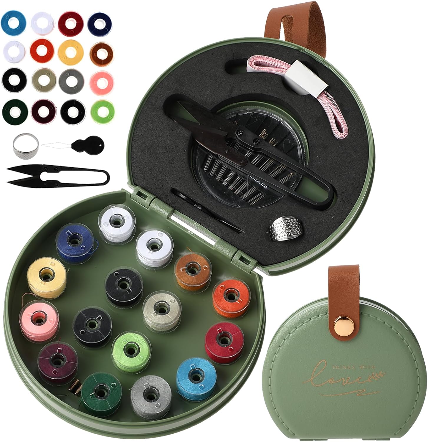 Amaxiu Mini kits de costura de viaje, juego de reparación de costura portátil de lujo con estuche organizador de cuero plegable, apto para