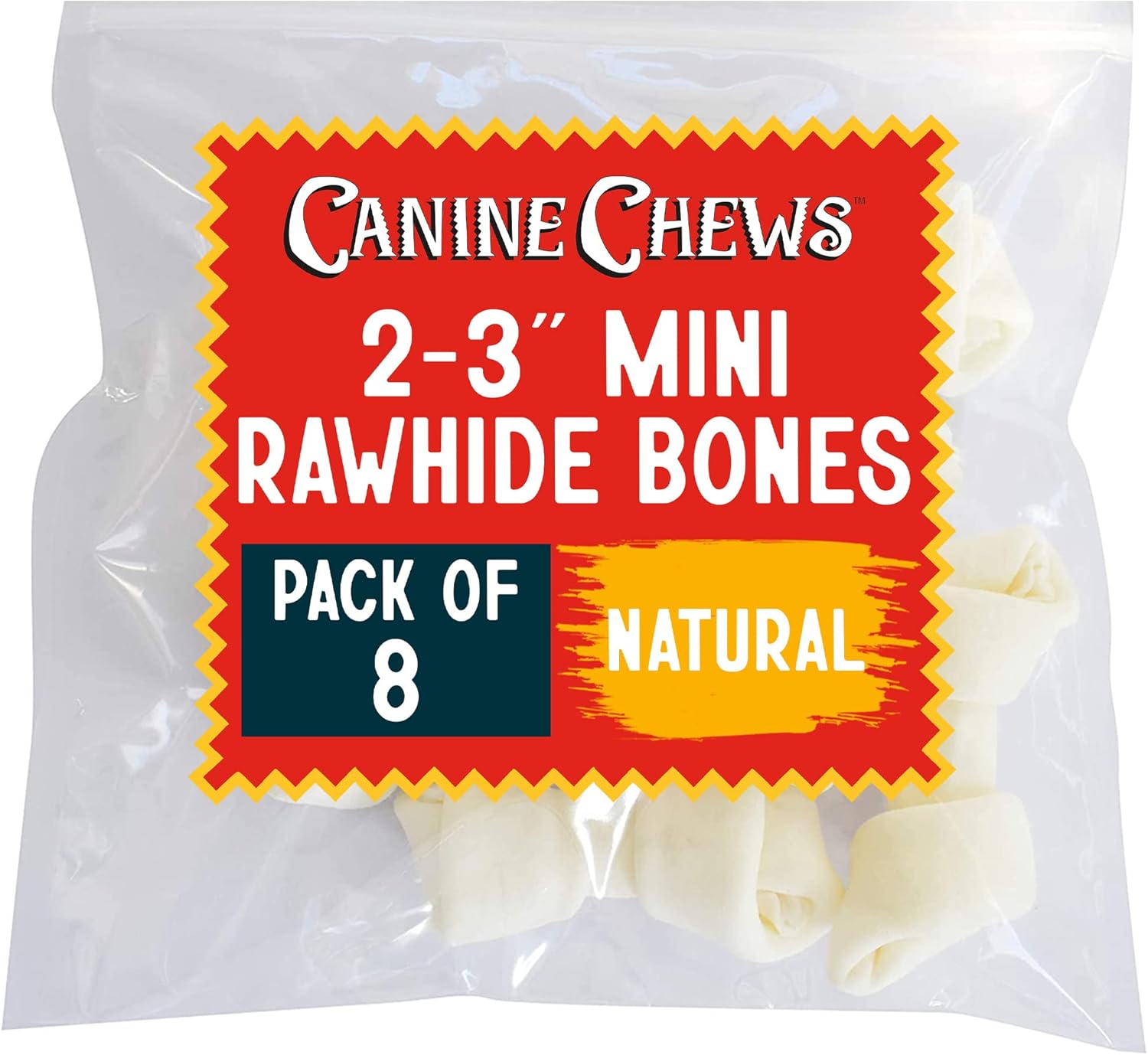 Canine Chews Mini huesos de cuero crudo anudados de 2-3 pulgadas para perros pequeños, golosinas naturales para perros masticables (paquete de 8)