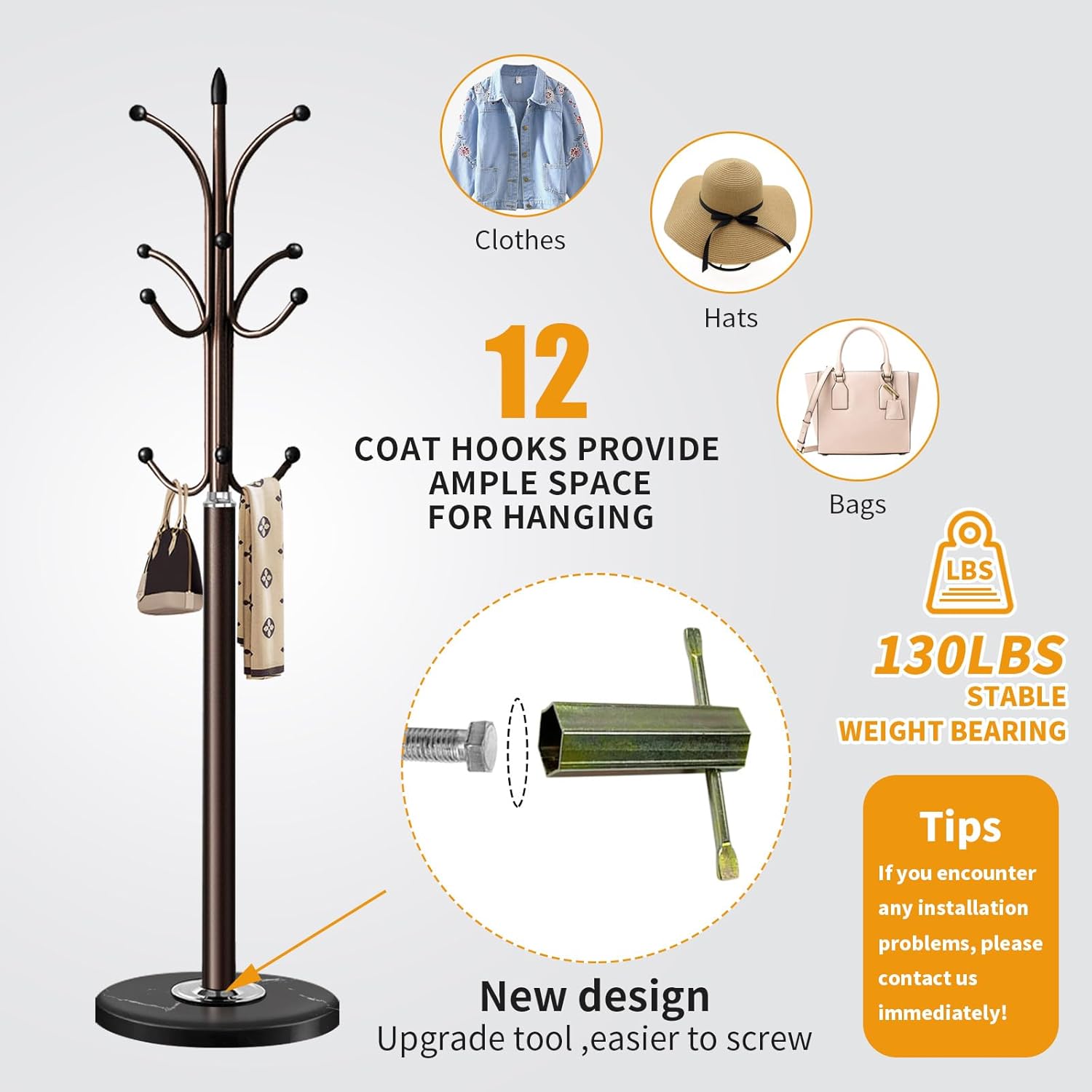 Perchero de metal con base de mármol natural, perchero independiente, árbol de pasillo independiente con 12 ganchos para colgar ropa, bolsos,