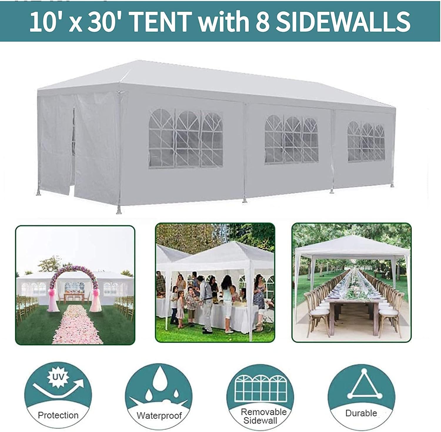 U-Kiss Toldo de 10 x 30 pies, para fiestas, bodas, patio, eventos, jardín, exterior, refugio para barbacoa con 8 lados extraíbles, impermeable,