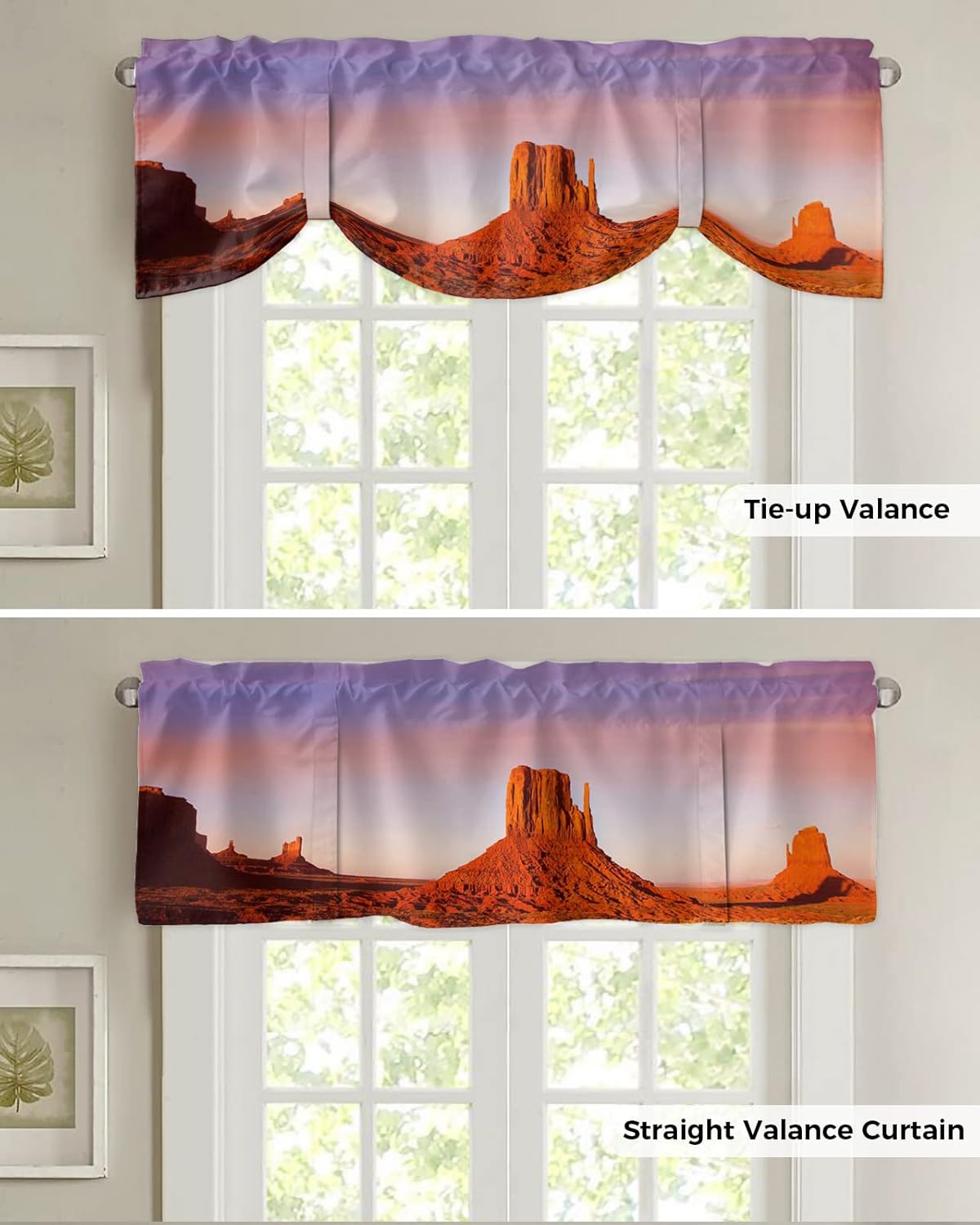 Valances for Windows, Desert Dreamy Sunset Sundown Sky Natural Sand Building Landscape Tie Up Valance Curtains Light Filtering Adjustable Window