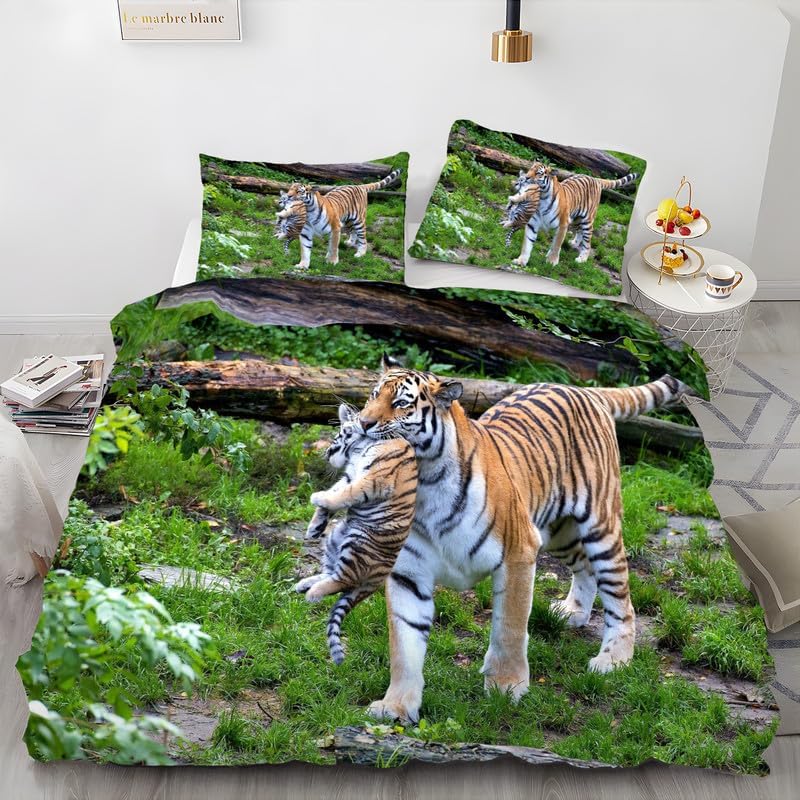 Funda de edredón verde con estampado de tigre, funda de edredón de microfibra suave y 2 fundas de almohada de 20 x 36 pulgadas, juego de cama con