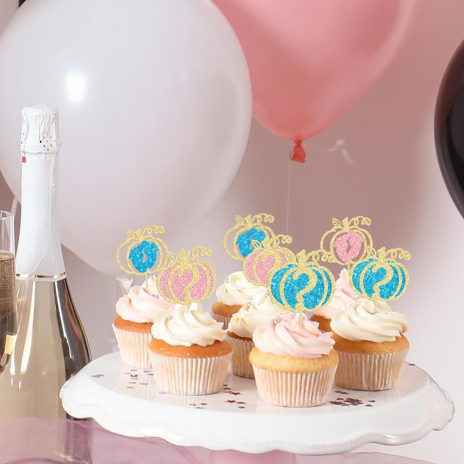 24 piezas de calabaza revelación de género para cupcakes con purpurina de calabaza pies de bebé, selecciones de cupcakes para niños o niñas,