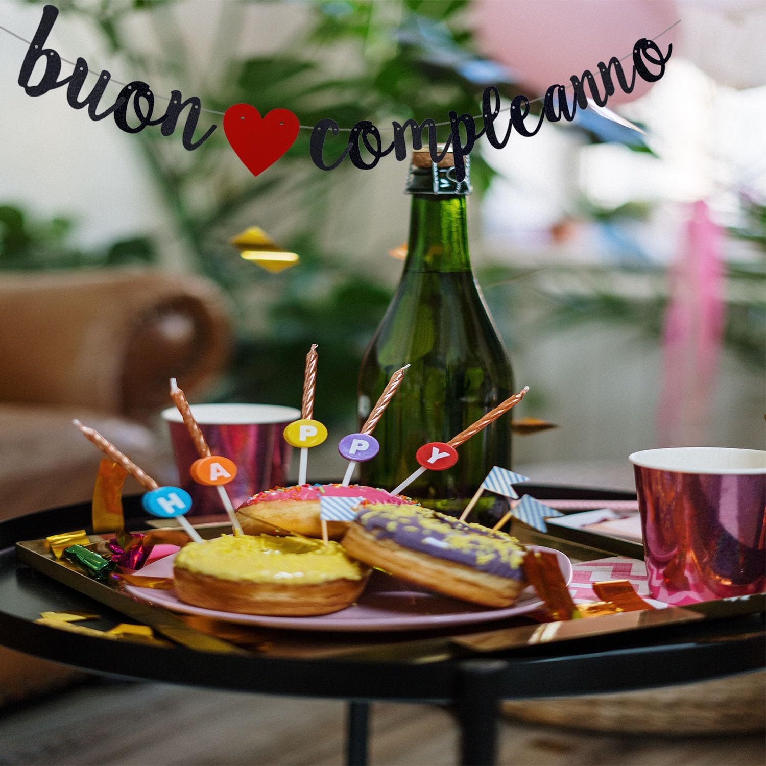 Buon Compleanno – Cartel italiano con purpurina negra de feliz cumpleaños, guirnalda de decoración de aniversario de cumpleaños con temática