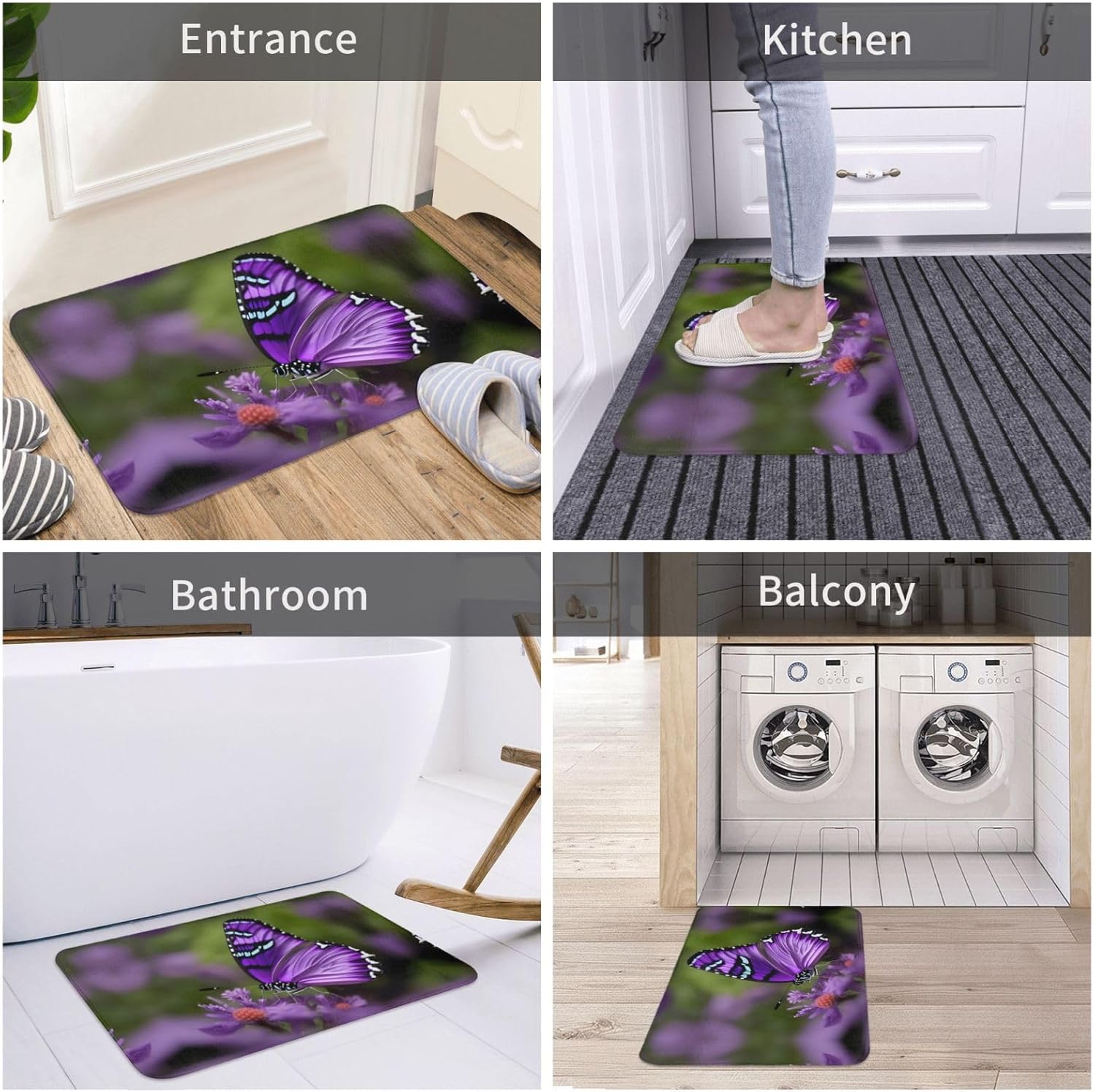 Tapete de puerta con diseño de mariposa morada para puerta exterior, fácil de limpiar, tapete de patio, 16 x 24 pulgadas