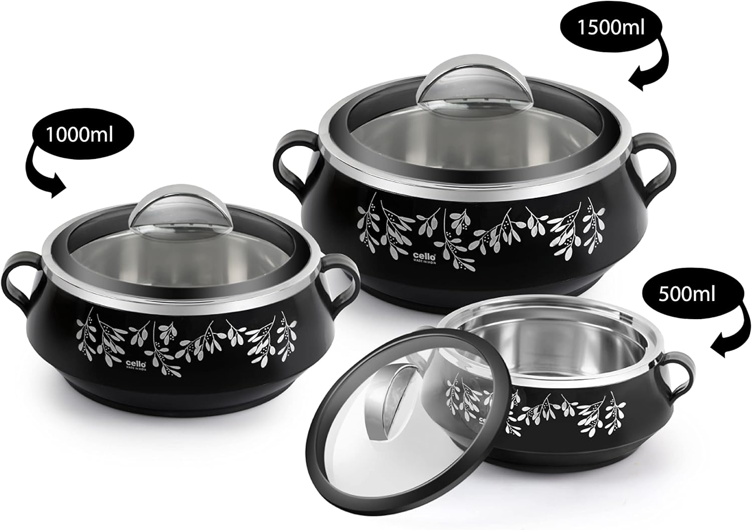 Cello Cazuela de purpurina con acero interior  Juego de cazuela de acero inoxidable aislado para comida chapati curry roti, juego de 3, negro