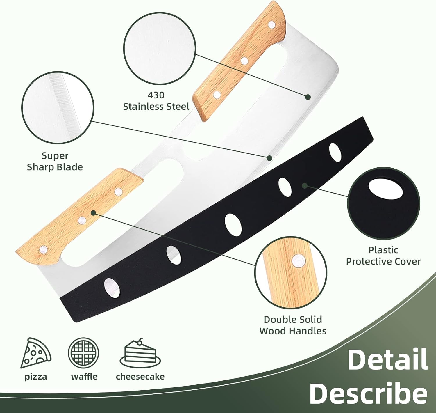 Cuchilla basculante para cortador de pizza de 14 pulgadas con mango de madera, rueda para rebanar pizza, cuchillo grande de acero inoxidable con