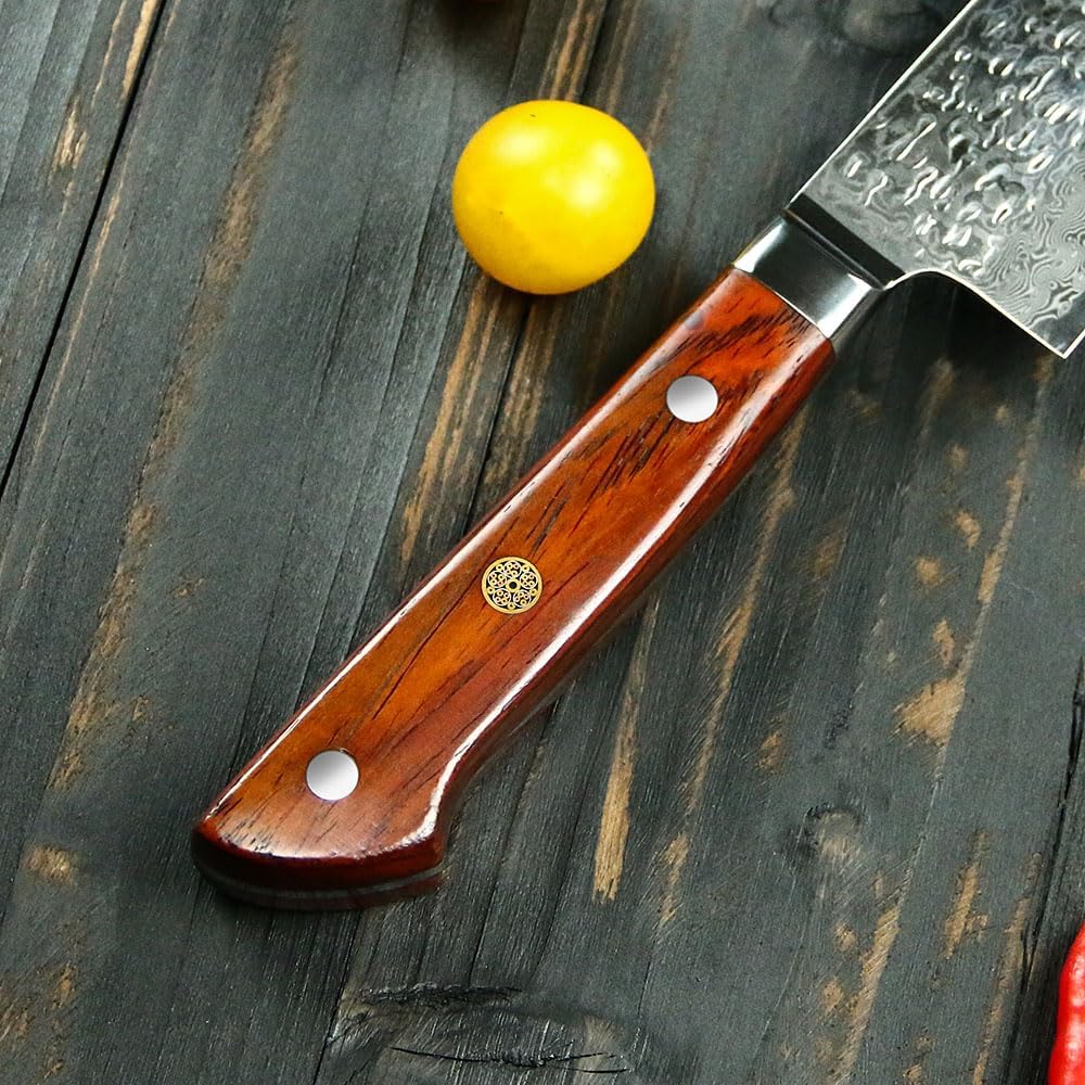 Paul Brown’s Cuchillo Kiritsuke de 8 pulgadas de acero Damasco VG10 de 67 capas con patrón de martillo forjado con mango de madera premium y madera