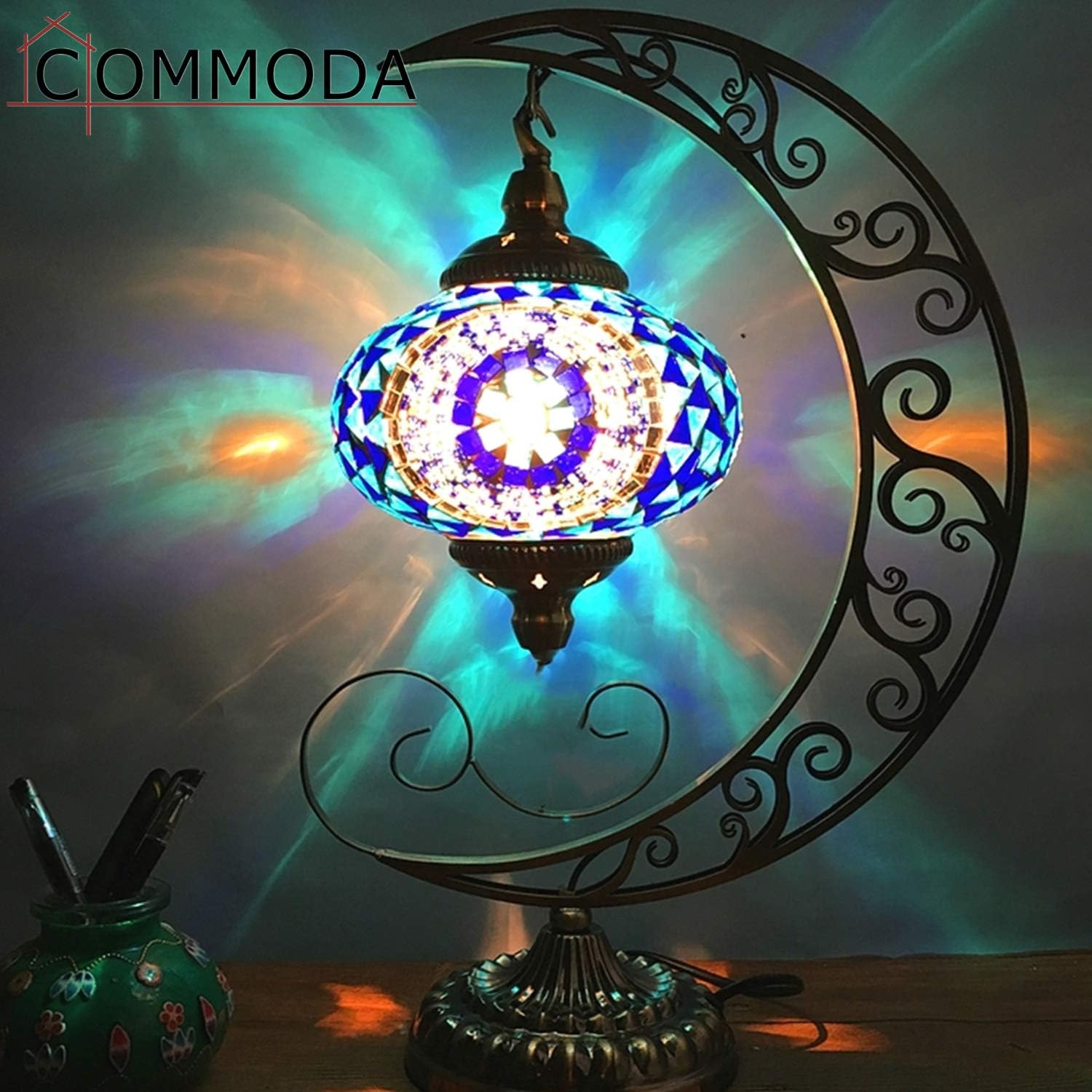 Impresionante lámpara de noche de mosaico turco marroquí hecho a mano con forma de luna, lámpara de mesa única para decoración de habitación (azul)