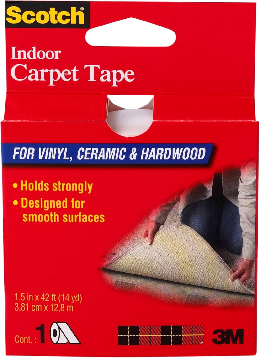 Scotch Cinta de alfombra interior para vinilo, cerámica y madera dura, 1.5 pulgadas por 14 yardas, CT2010, 1 rollo