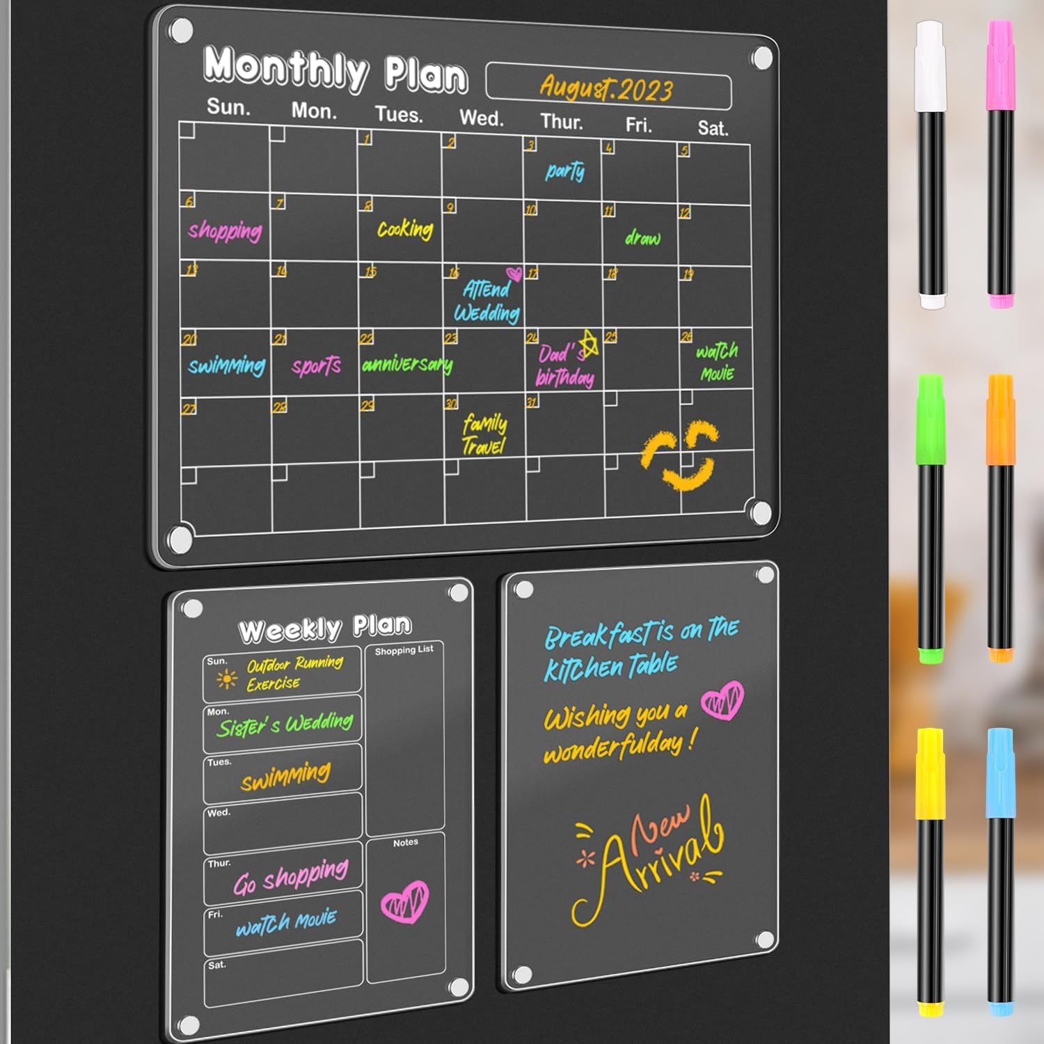 DIYMAG Paquete de 3 calendarios magnéticos de acrílico de borrado en seco para refrigerador, juego de tablero de planificación de calendario