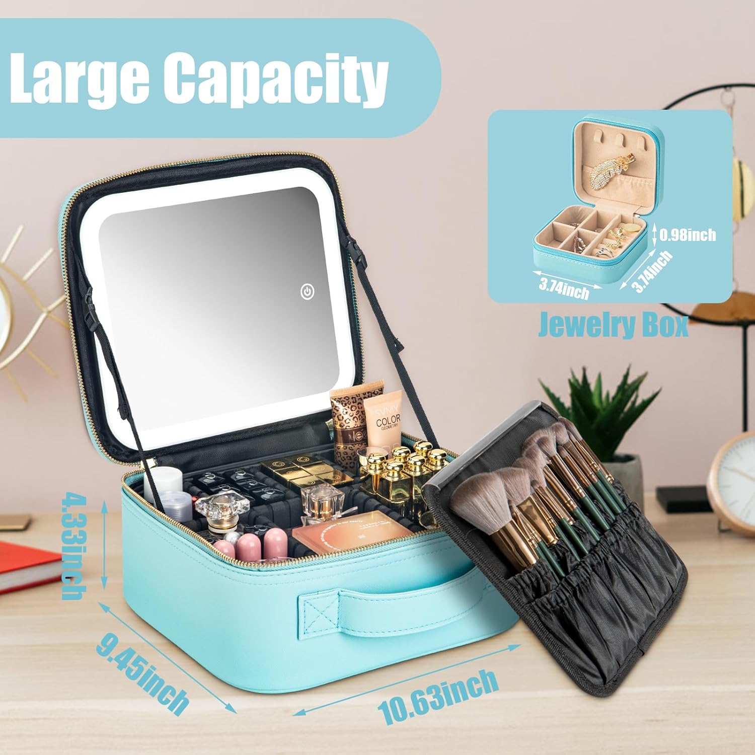 Extrei Gent Estuche de viaje de maquillaje con espejo con luz LED, 3 brillo ajustable, bolsa de cosméticos, almacenamiento portátil, partición