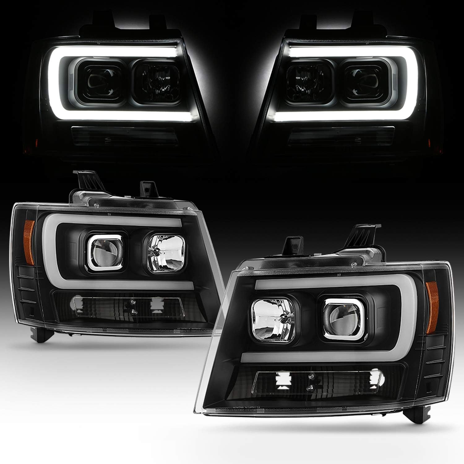 AKKON – Compatible con 2007-14 Chevy Tahoe Suburban 15002500 07-13 Avalanche Proyector LED barra de tubo C Par de faros negros izquierdo+derecho