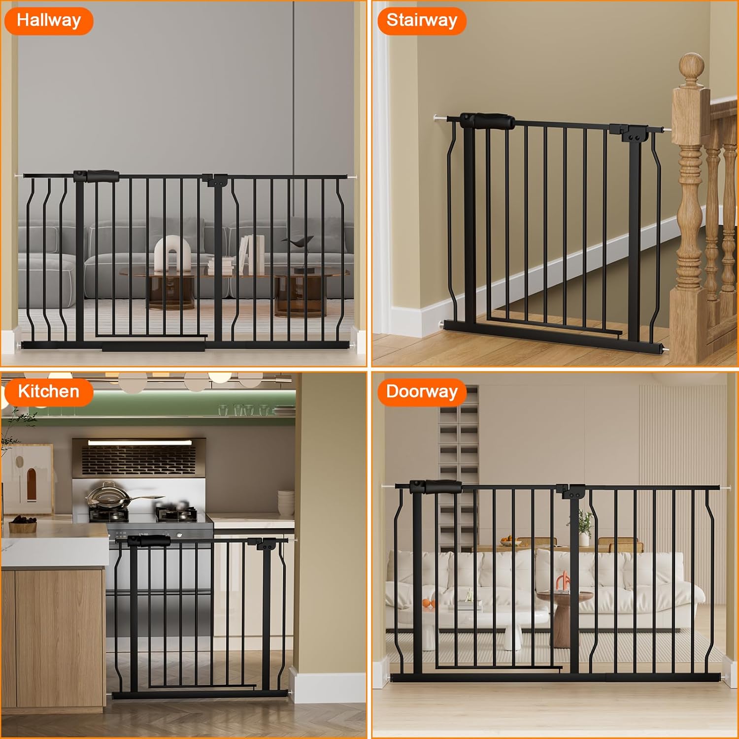 Puerta extra ancha para bebé, puertas extra anchas para perros, para escaleras, puertas, puertas de seguridad de metal negro, con montaje a presión,